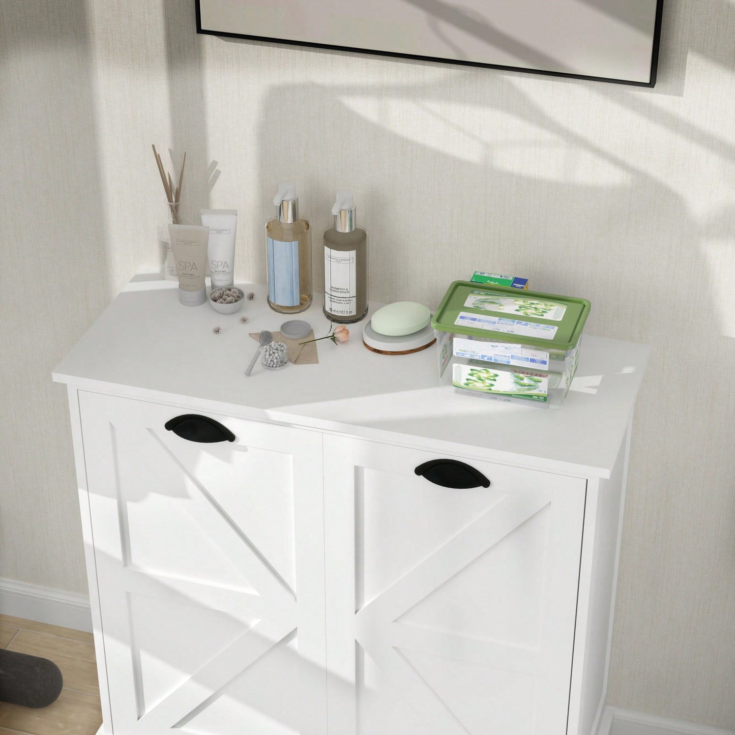 White Two-Compartment Tilt-Out Laundry Sorter Cabinet For Efficient Organization
