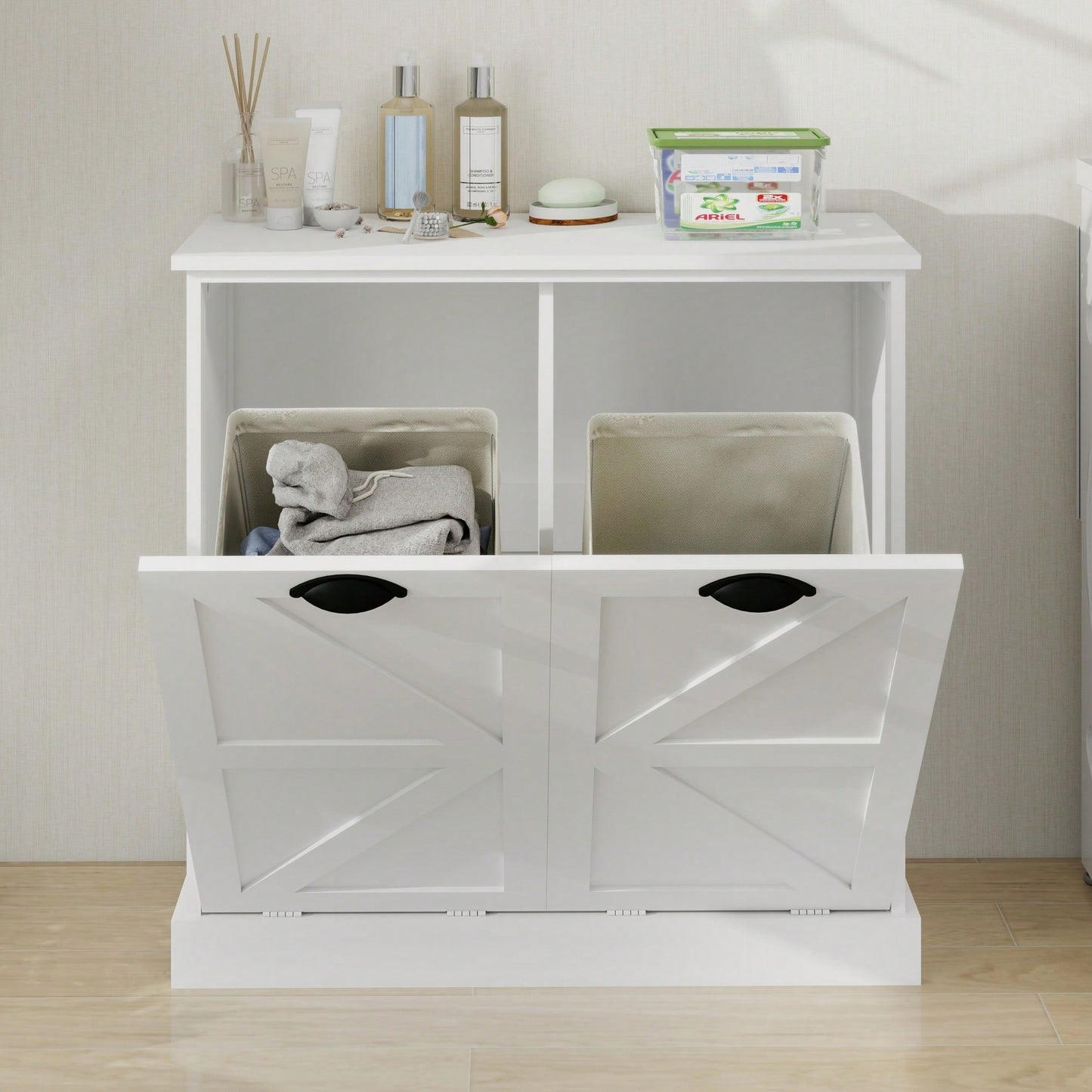 White Two-Compartment Tilt-Out Laundry Sorter Cabinet For Efficient Organization