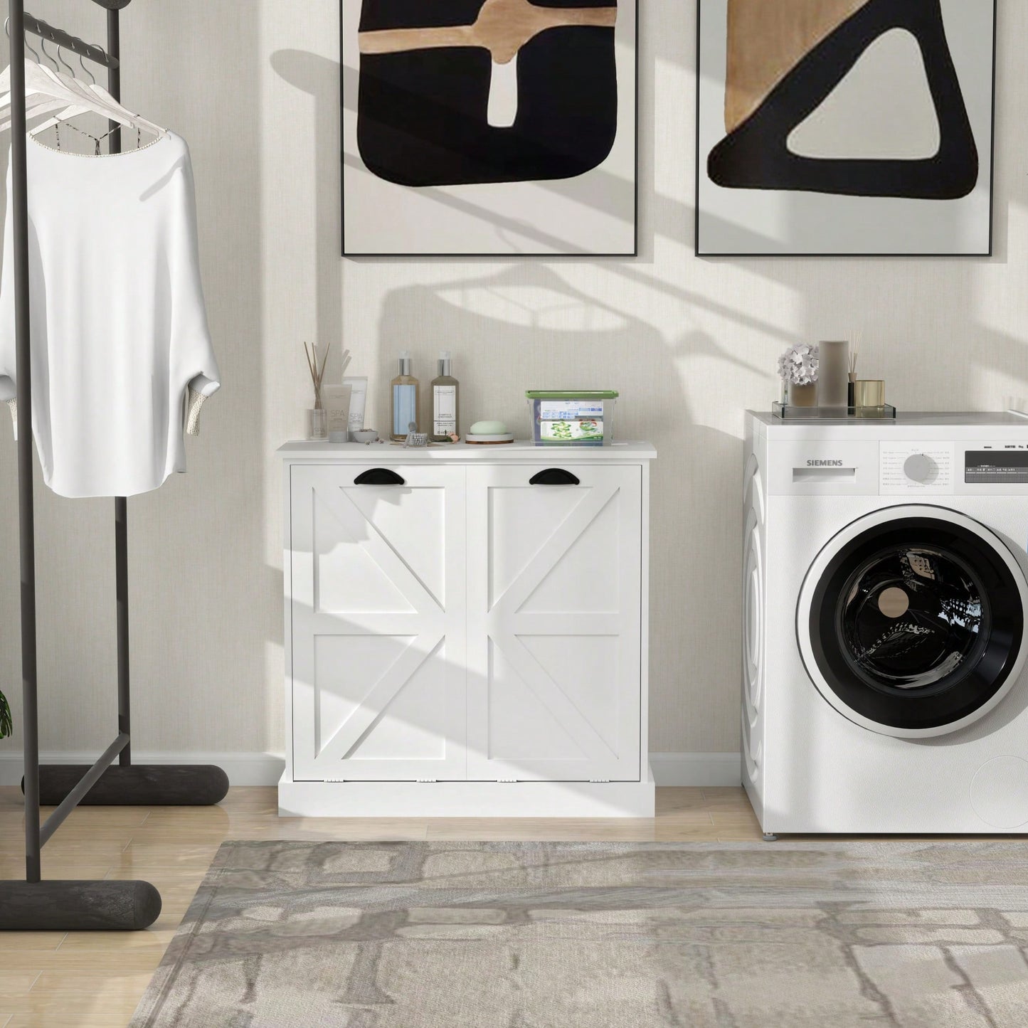 White Two-Compartment Tilt-Out Laundry Sorter Cabinet For Efficient Organization