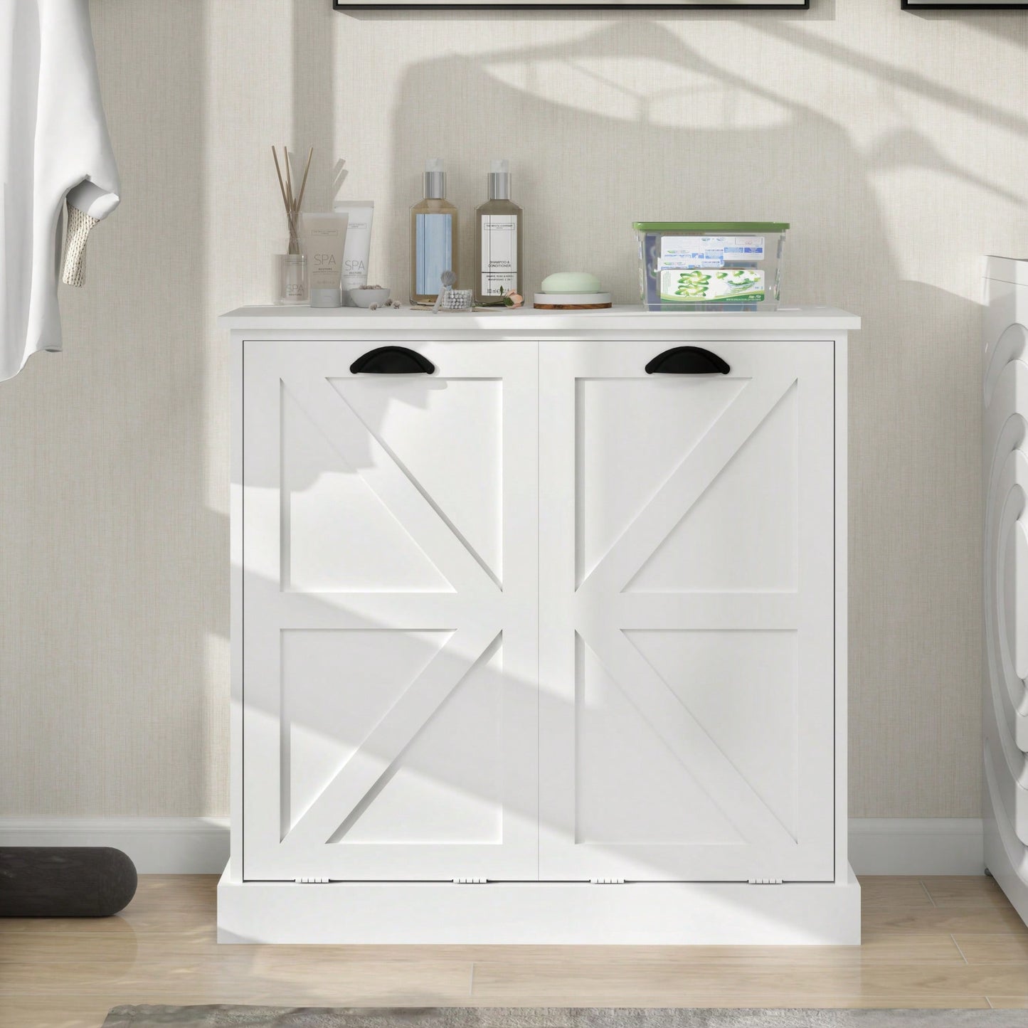 White Two-Compartment Tilt-Out Laundry Sorter Cabinet For Efficient Organization