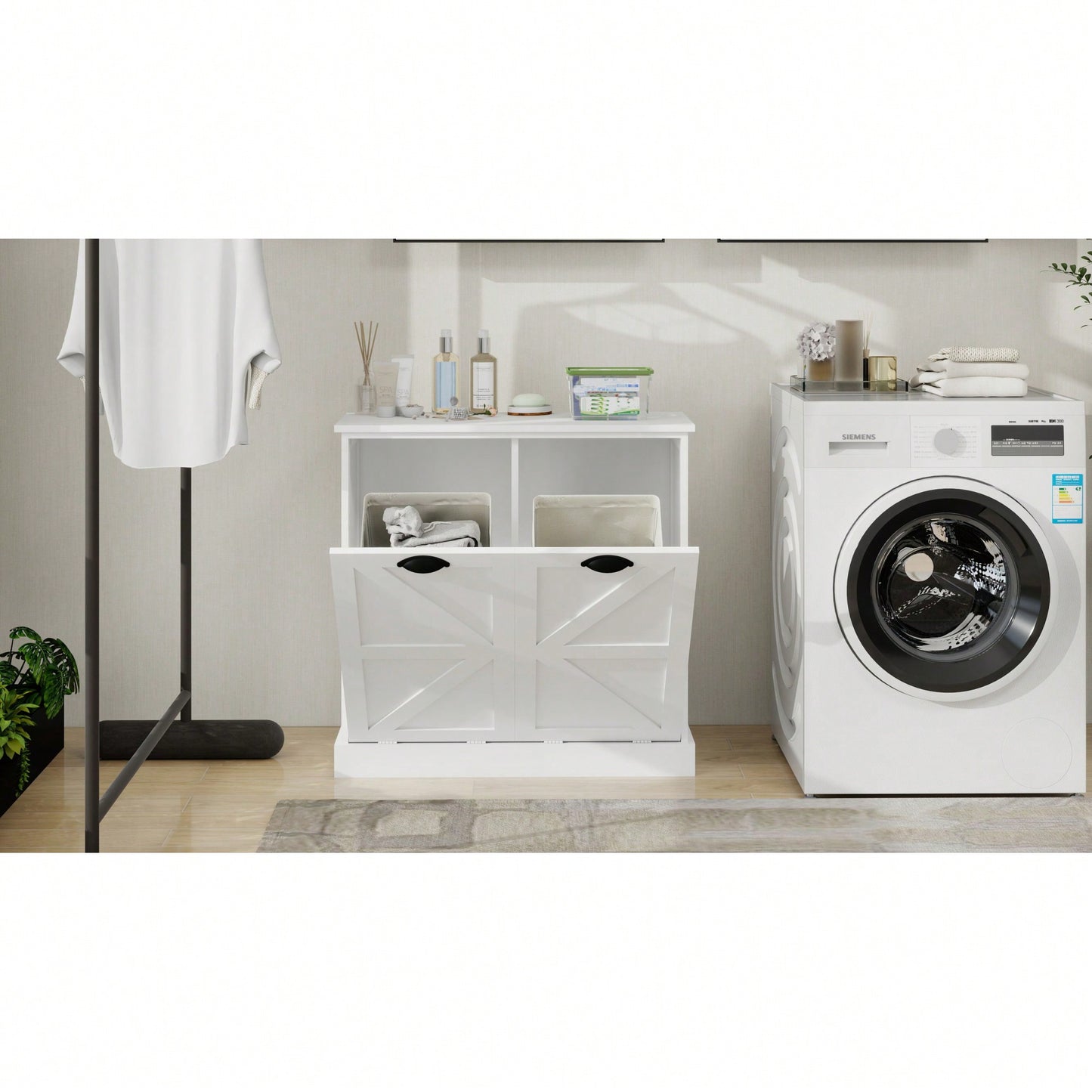 White Two-Compartment Tilt-Out Laundry Sorter Cabinet For Efficient Organization
