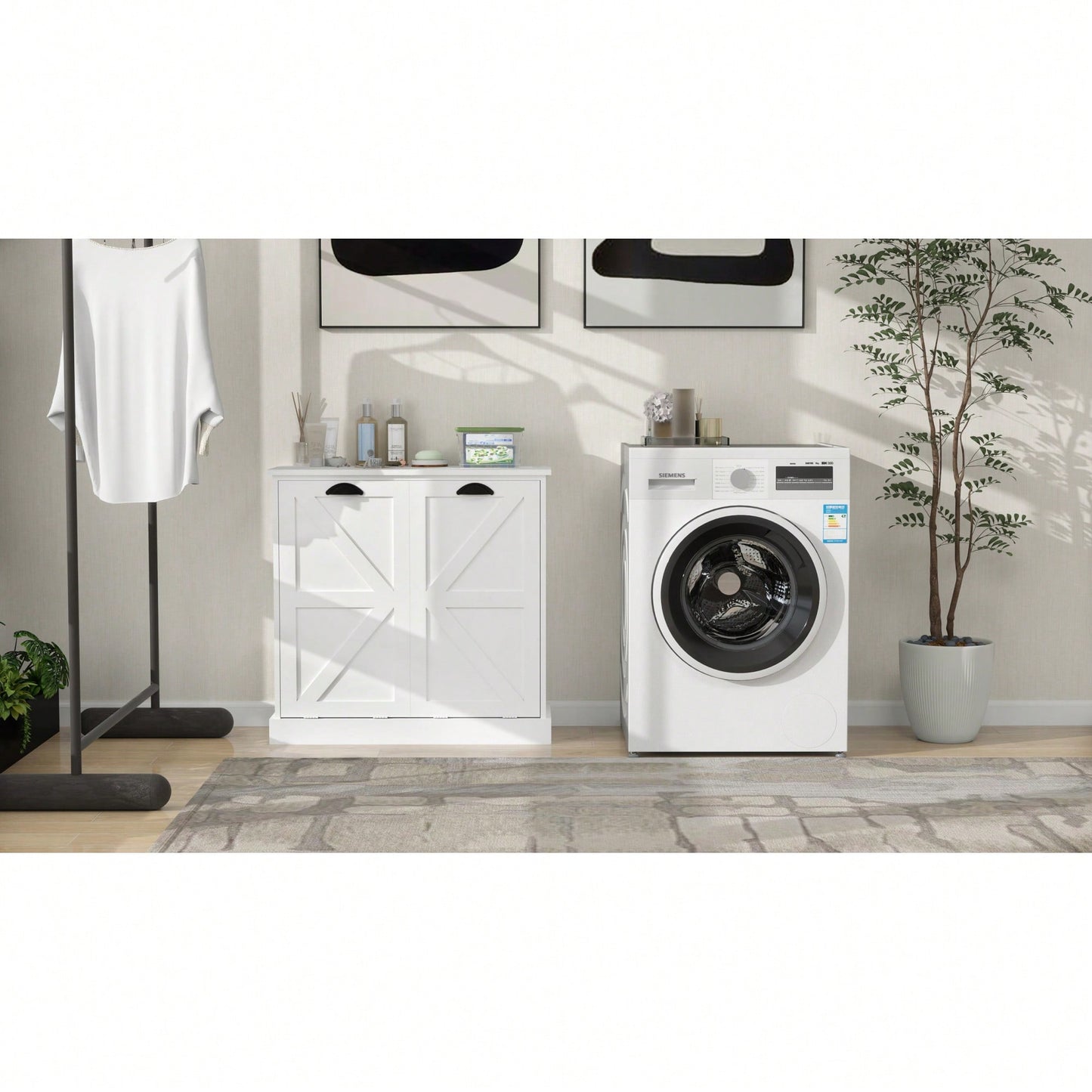 White Two-Compartment Tilt-Out Laundry Sorter Cabinet For Efficient Organization