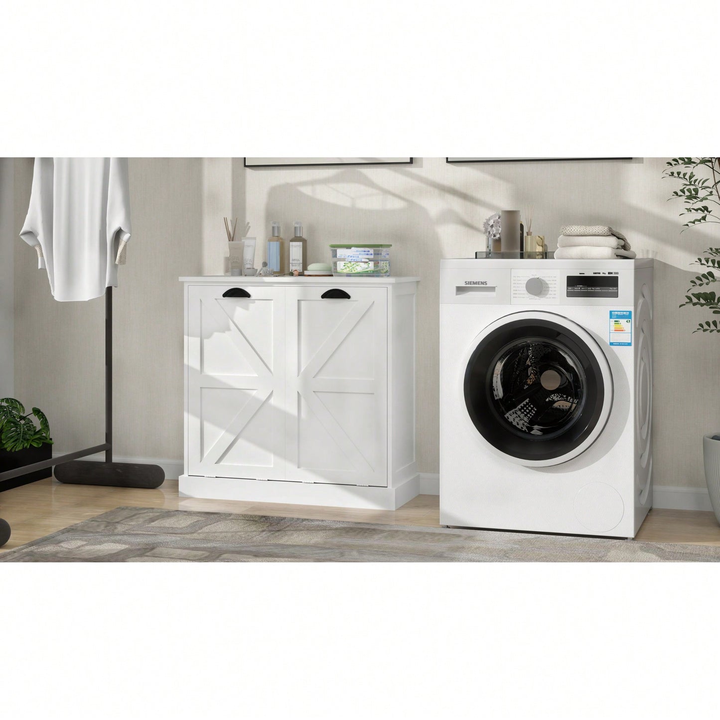 White Two-Compartment Tilt-Out Laundry Sorter Cabinet For Efficient Organization