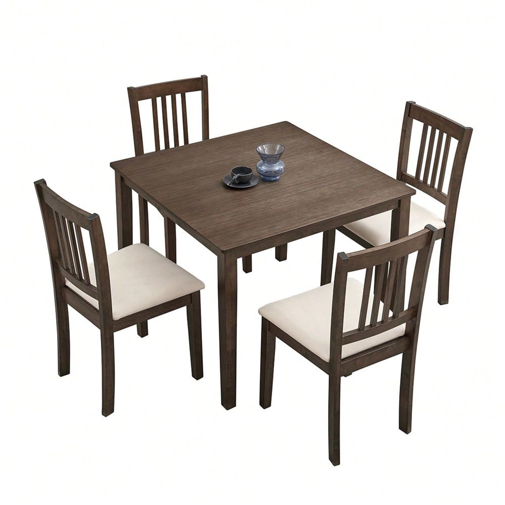 Mid Century Modern Square Wooden Dining Table Set With Upholstered Chairs For Space-Saving Kitchen And Dining Room, Brown Finish