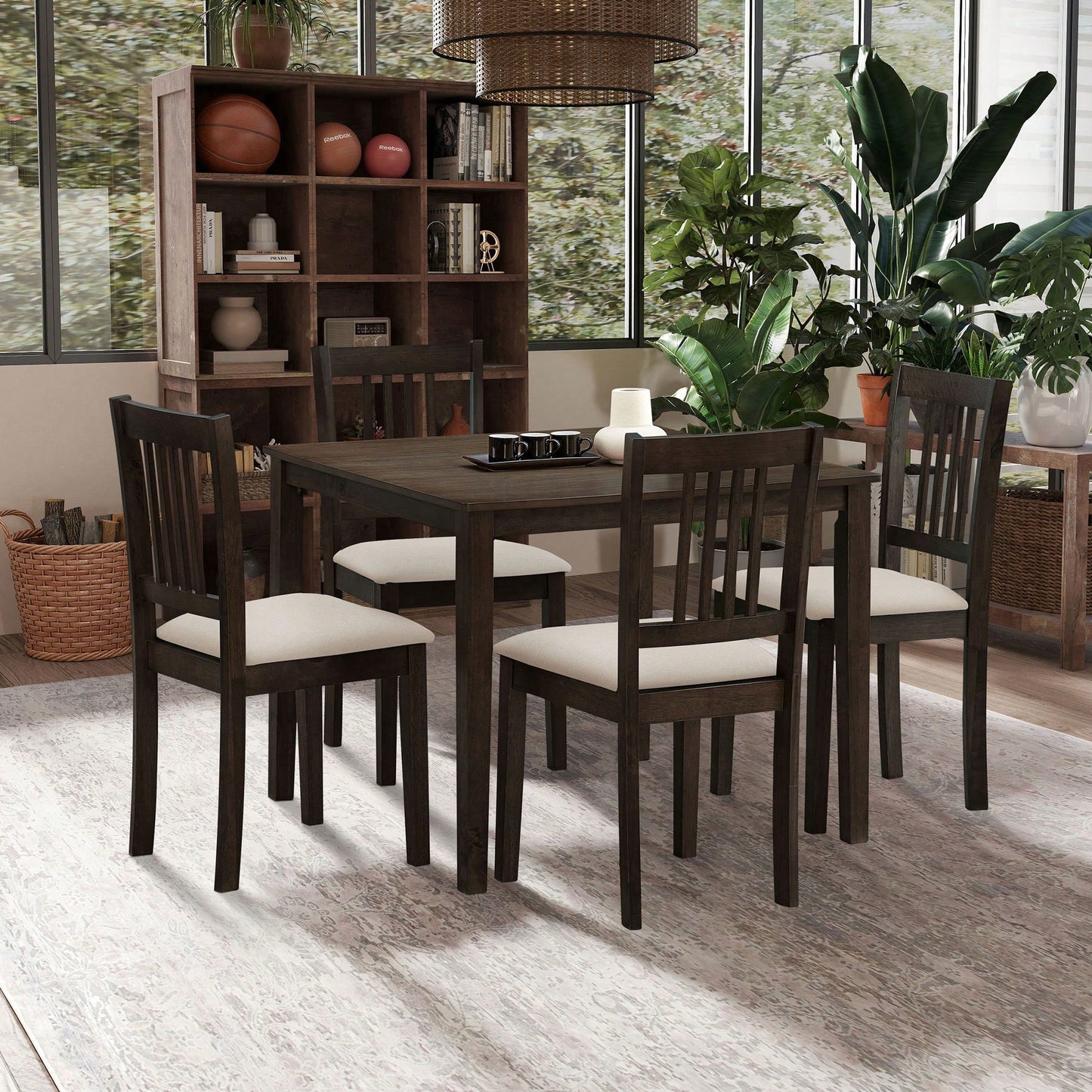 Mid Century Modern Square Wooden Dining Table Set With Upholstered Chairs For Space-Saving Kitchen And Dining Room, Brown Finish