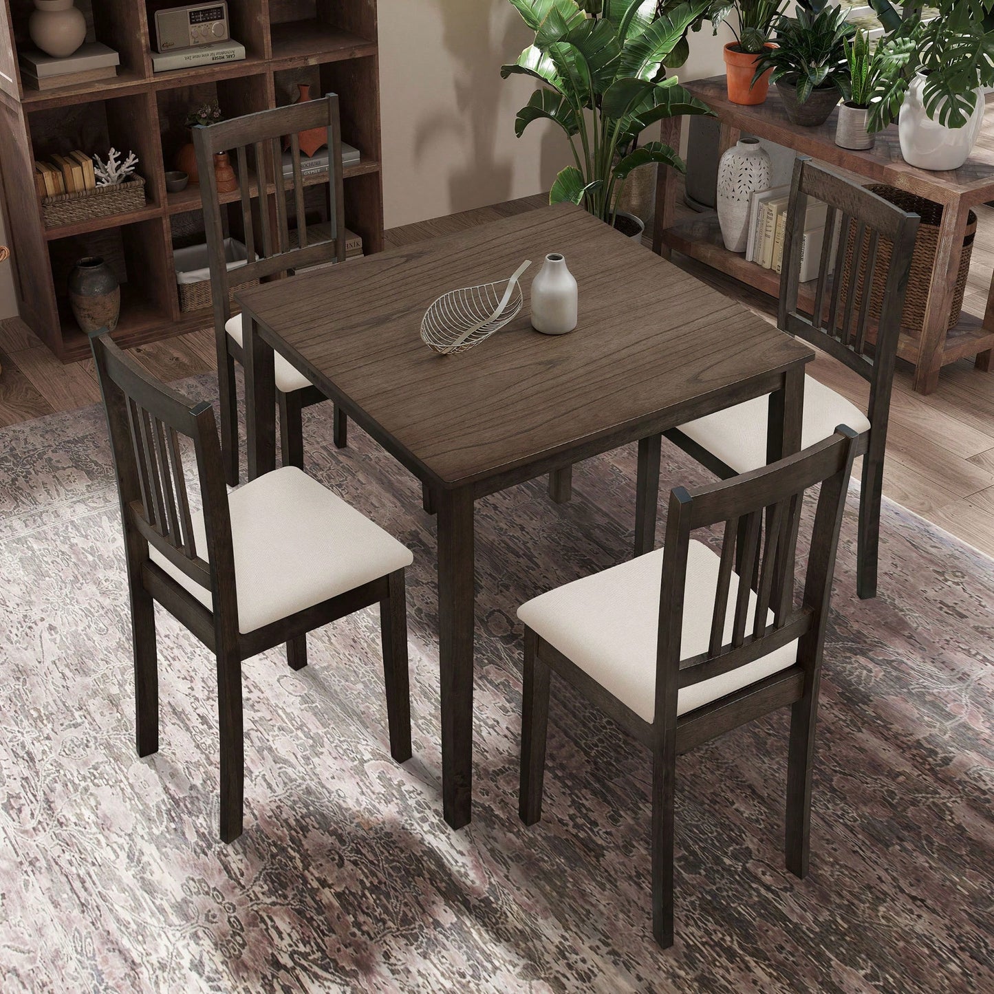 Mid Century Modern Square Wooden Dining Table Set With Upholstered Chairs For Space-Saving Kitchen And Dining Room, Brown Finish