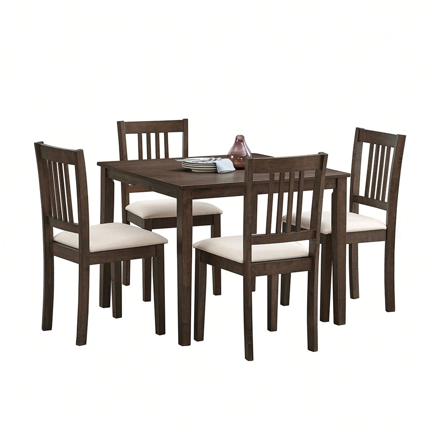 Mid Century Modern Square Wooden Dining Table Set With Upholstered Chairs For Space-Saving Kitchen And Dining Room, Brown Finish