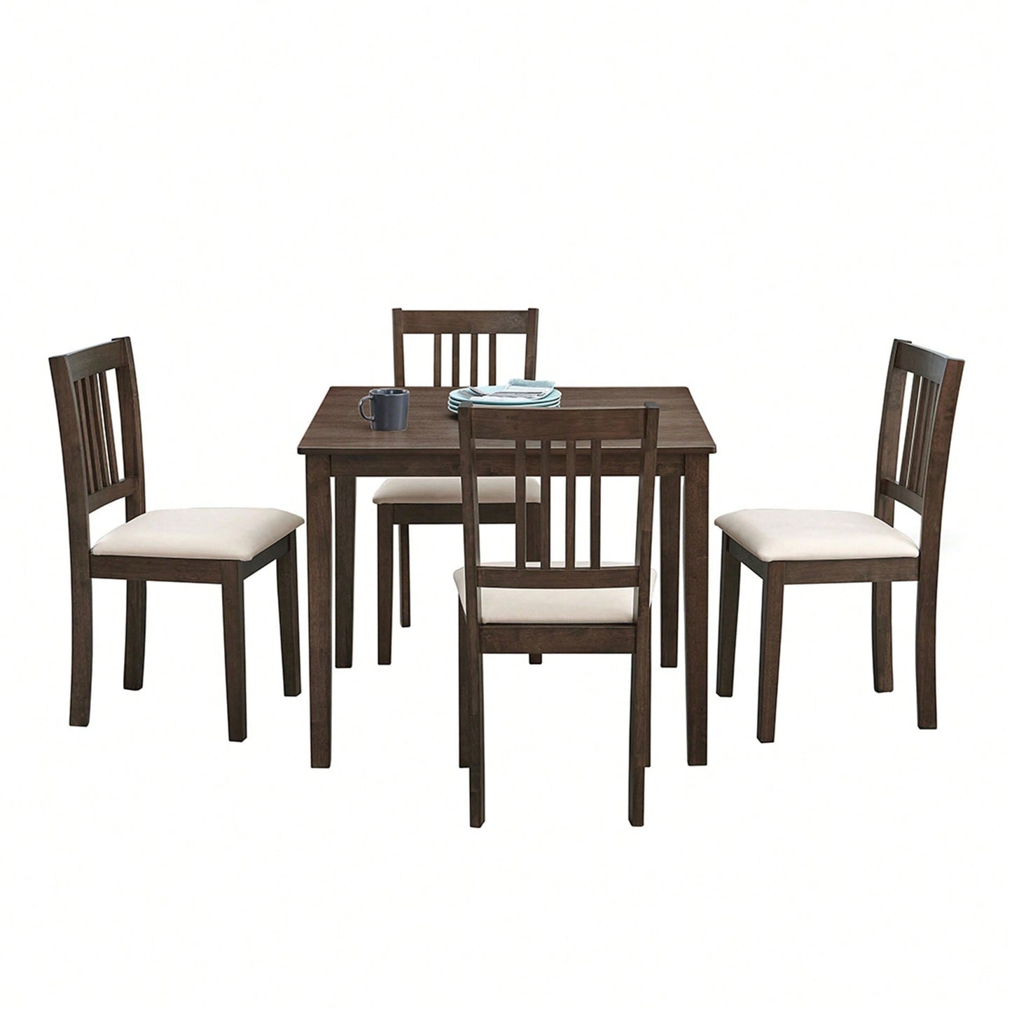 Mid Century Modern Square Wooden Dining Table Set With Upholstered Chairs For Space-Saving Kitchen And Dining Room, Brown Finish