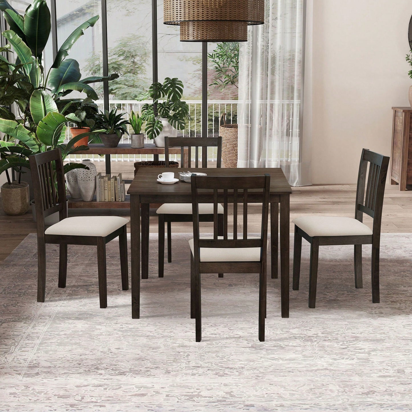 Mid Century Modern Square Wooden Dining Table Set With Upholstered Chairs For Space-Saving Kitchen And Dining Room, Brown Finish