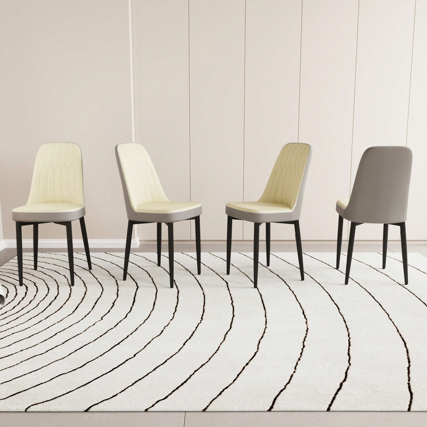 Modern PU Leather Dining Chairs Set Of 4 With Soft Cushions And Black Metal Legs In Beige And Grey