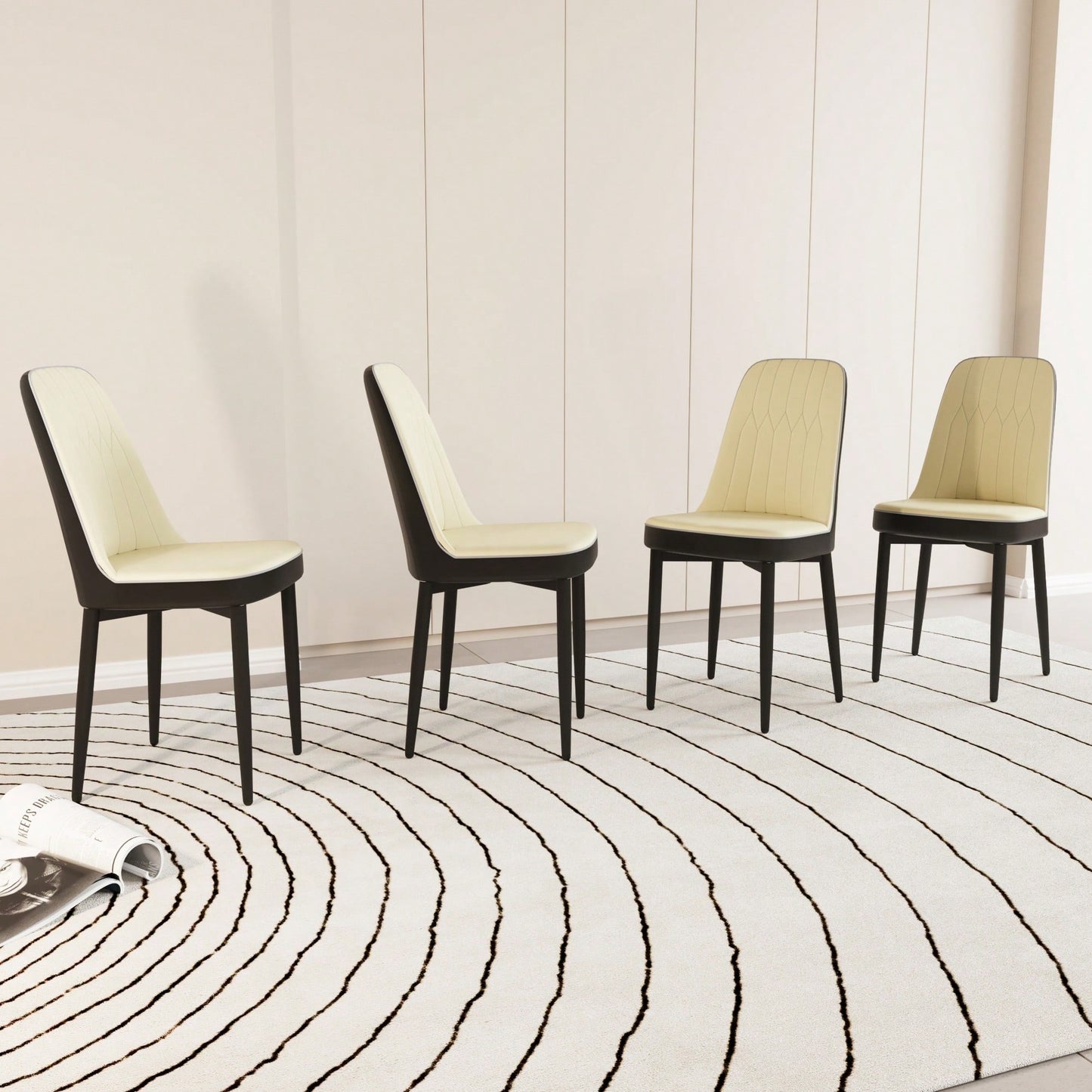 Modern PU Leather Dining Chairs Set Of 4 With Soft Cushions And Black Metal Legs In Beige And Grey