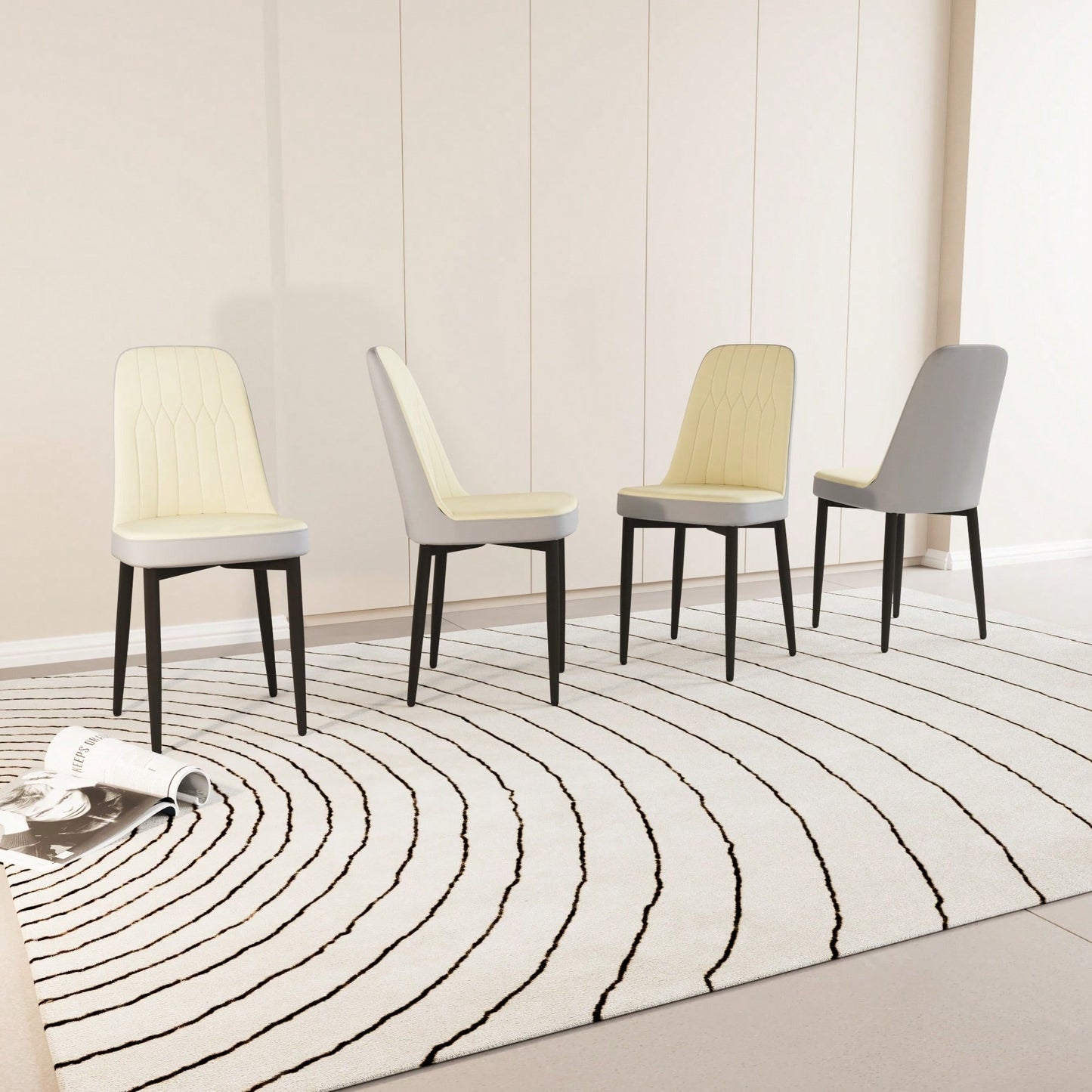 Modern PU Leather Dining Chairs Set Of 4 With Soft Cushions And Black Metal Legs In Beige And Grey