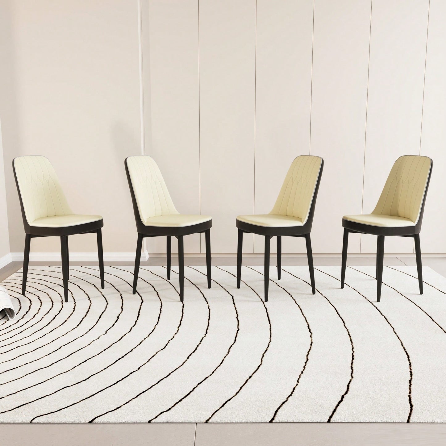 Modern PU Leather Dining Chairs Set Of 4 With Soft Cushions And Black Metal Legs In Beige And Grey