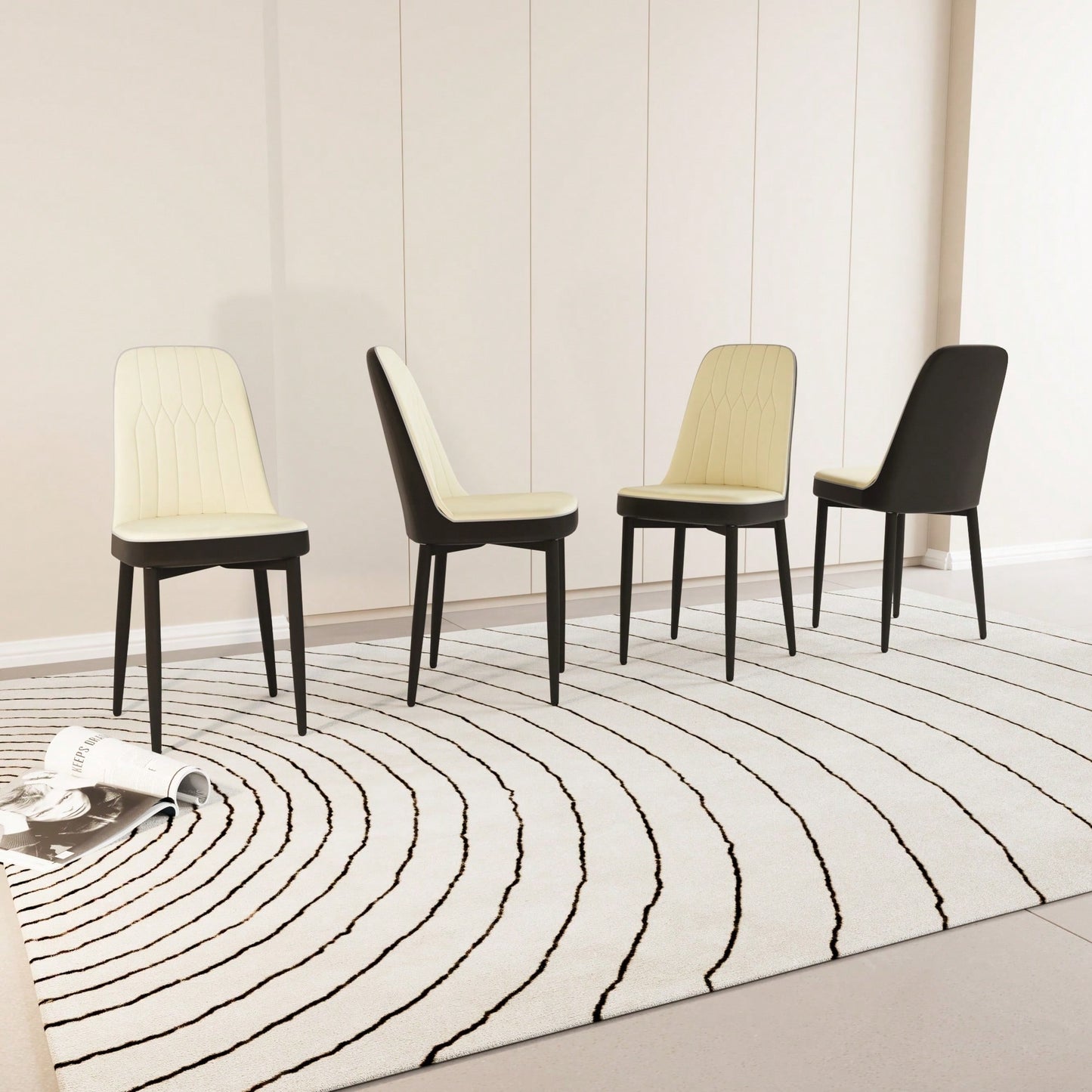 Modern PU Leather Dining Chairs Set Of 4 With Soft Cushions And Black Metal Legs In Beige And Grey