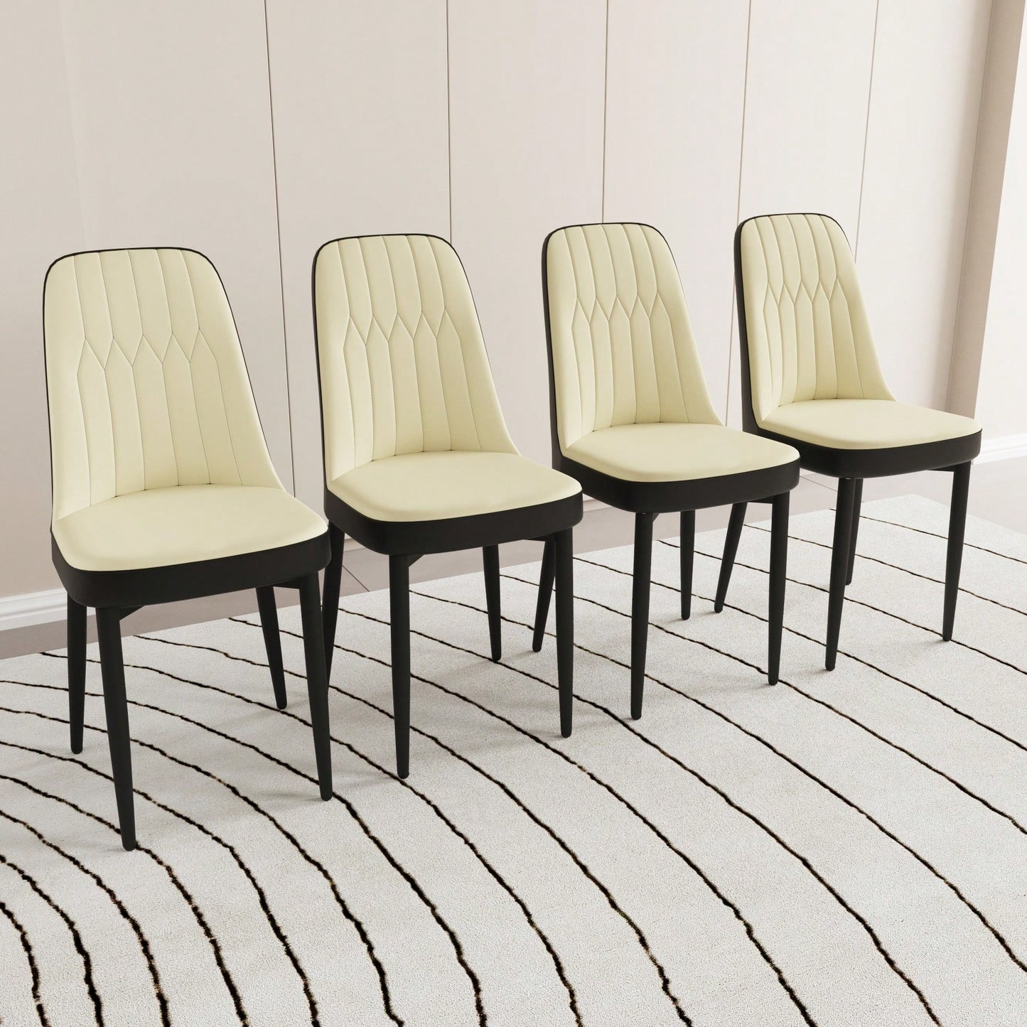 Modern PU Leather Dining Chairs Set Of 4 With Soft Cushions And Black Metal Legs In Beige And Grey