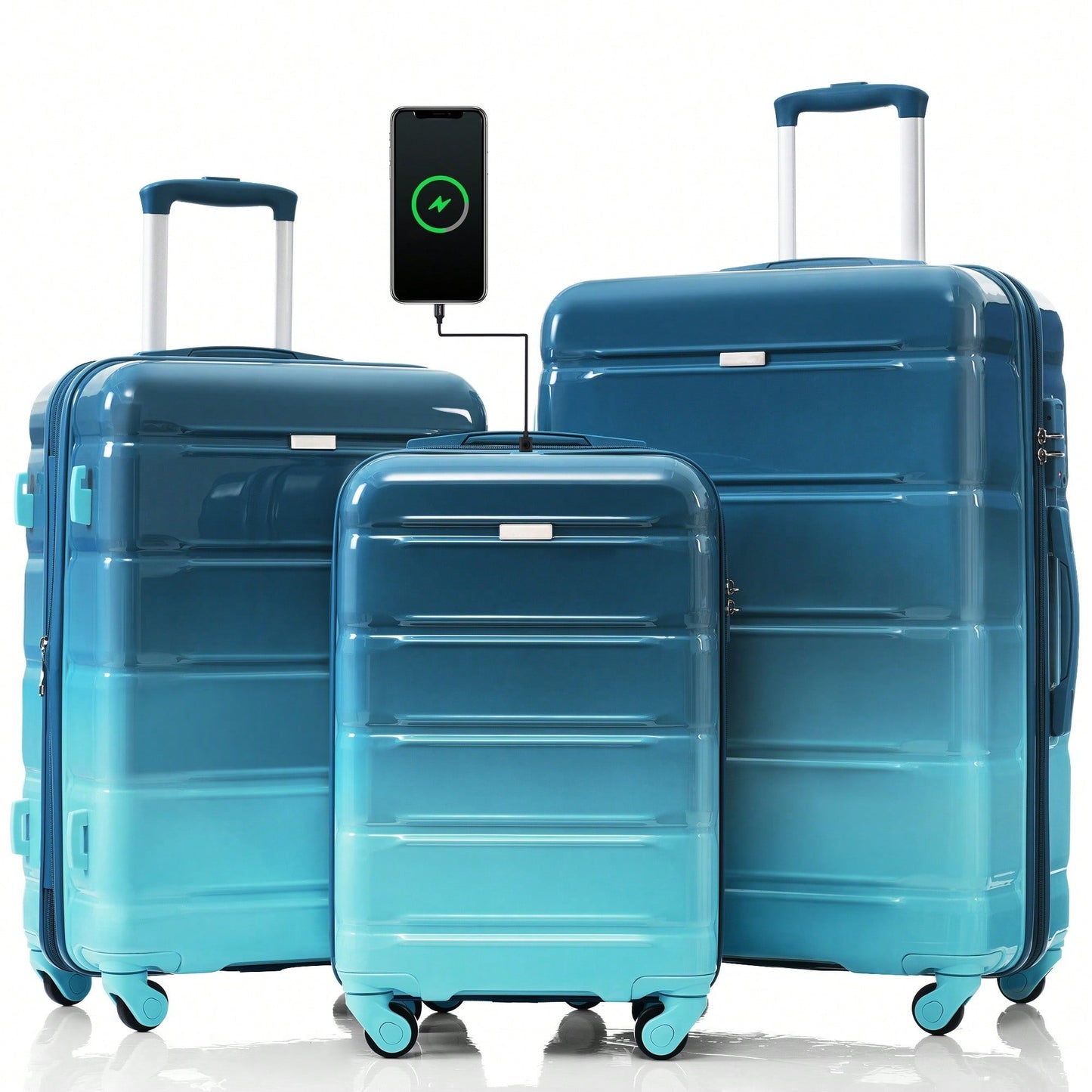 3-Piece Luggage Set With USB Port Airline Approved Carry-On 20-Inch Hard Shell Spinner Wheels And Cup Holder Black