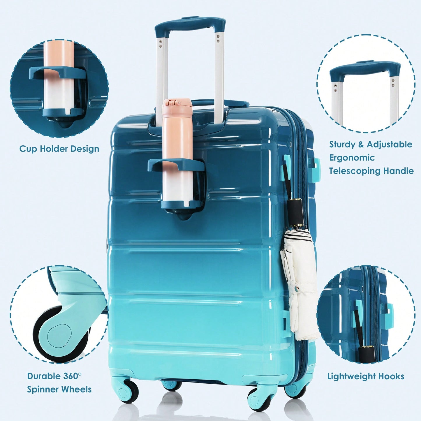 3-Piece Luggage Set With USB Port Airline Approved Carry-On 20-Inch Hard Shell Spinner Wheels And Cup Holder Black