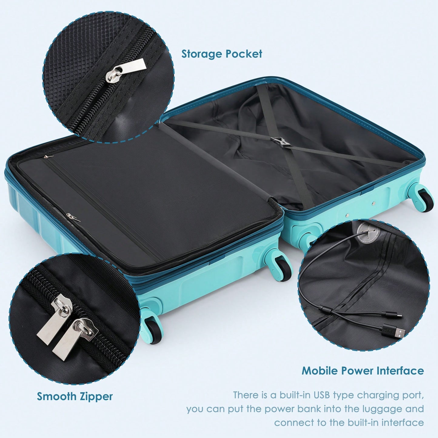 3-Piece Luggage Set With USB Port Airline Approved Carry-On 20-Inch Hard Shell Spinner Wheels And Cup Holder Black