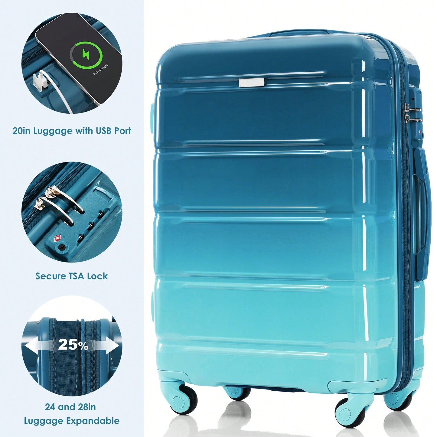 3-Piece Luggage Set With USB Port Airline Approved Carry-On 20-Inch Hard Shell Spinner Wheels And Cup Holder Black