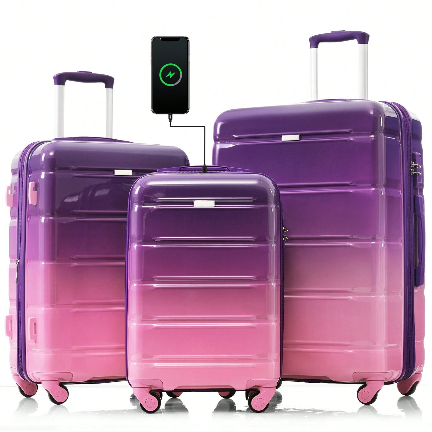 3-Piece Luggage Set With USB Port Airline Approved Carry-On 20-Inch Hard Shell Spinner Wheels And Cup Holder Black