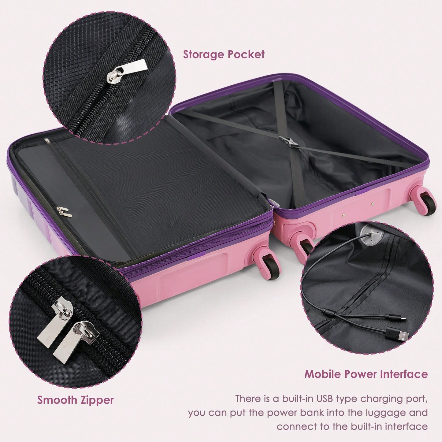 3-Piece Luggage Set With USB Port Airline Approved Carry-On 20-Inch Hard Shell Spinner Wheels And Cup Holder Black