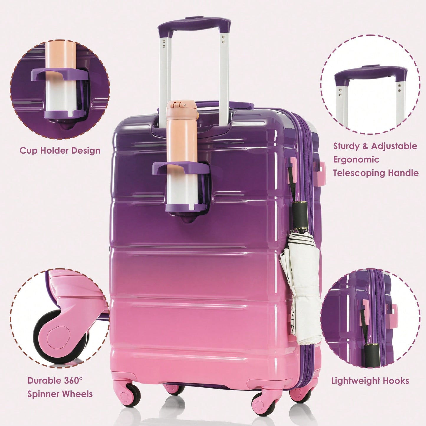 3-Piece Luggage Set With USB Port Airline Approved Carry-On 20-Inch Hard Shell Spinner Wheels And Cup Holder Black