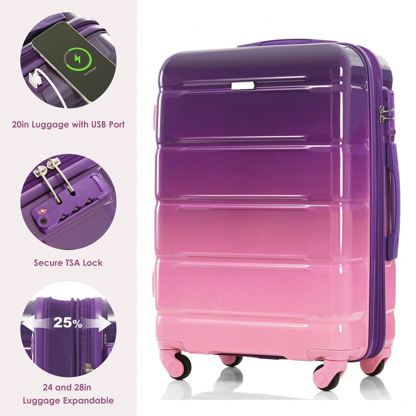 3-Piece Luggage Set With USB Port Airline Approved Carry-On 20-Inch Hard Shell Spinner Wheels And Cup Holder Black