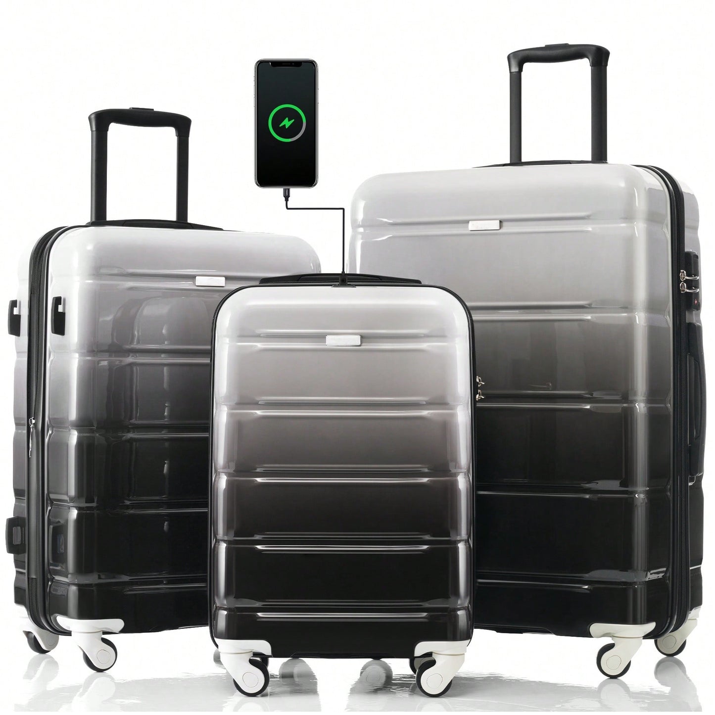 3-Piece Luggage Set With USB Port Airline Approved Carry-On 20-Inch Hard Shell Spinner Wheels And Cup Holder Black
