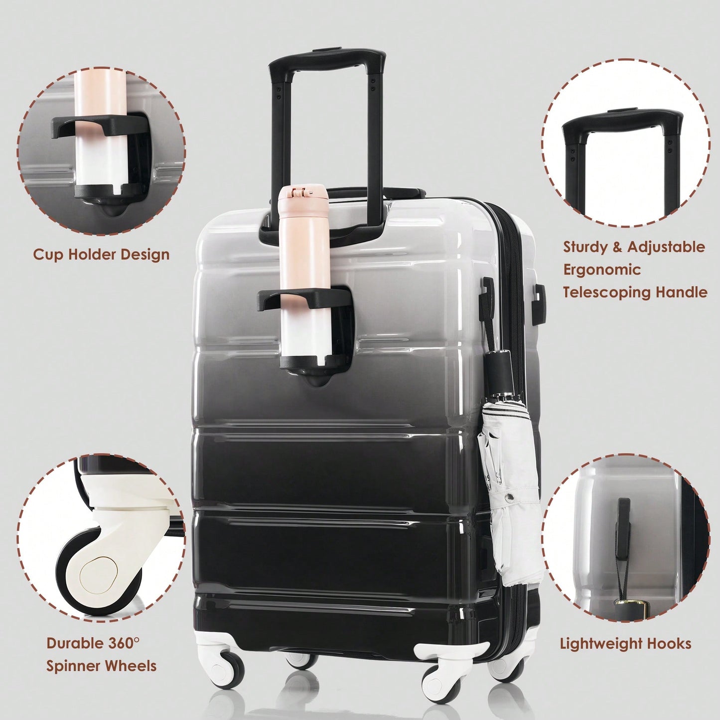 3-Piece Luggage Set With USB Port Airline Approved Carry-On 20-Inch Hard Shell Spinner Wheels And Cup Holder Black