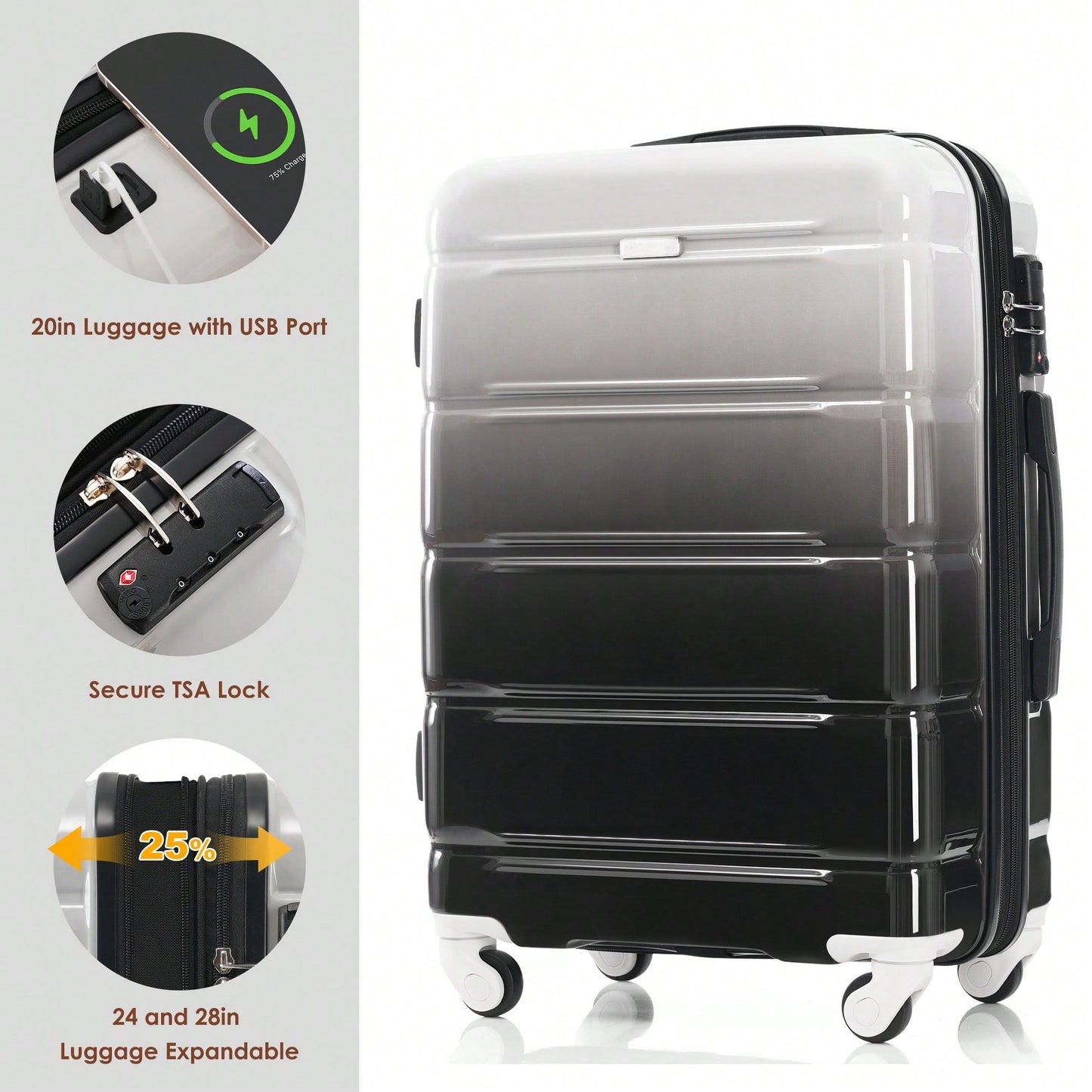 3-Piece Luggage Set With USB Port Airline Approved Carry-On 20-Inch Hard Shell Spinner Wheels And Cup Holder Black