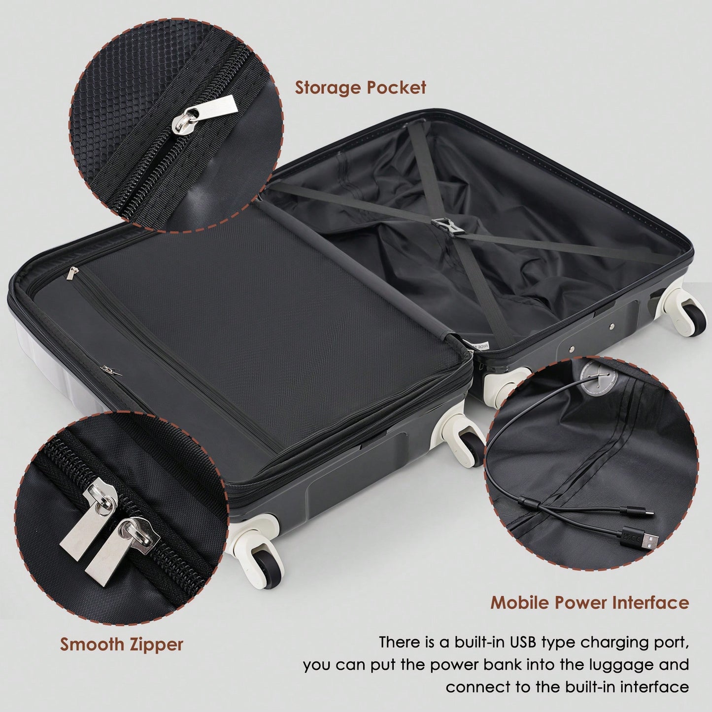3-Piece Luggage Set With USB Port Airline Approved Carry-On 20-Inch Hard Shell Spinner Wheels And Cup Holder Black