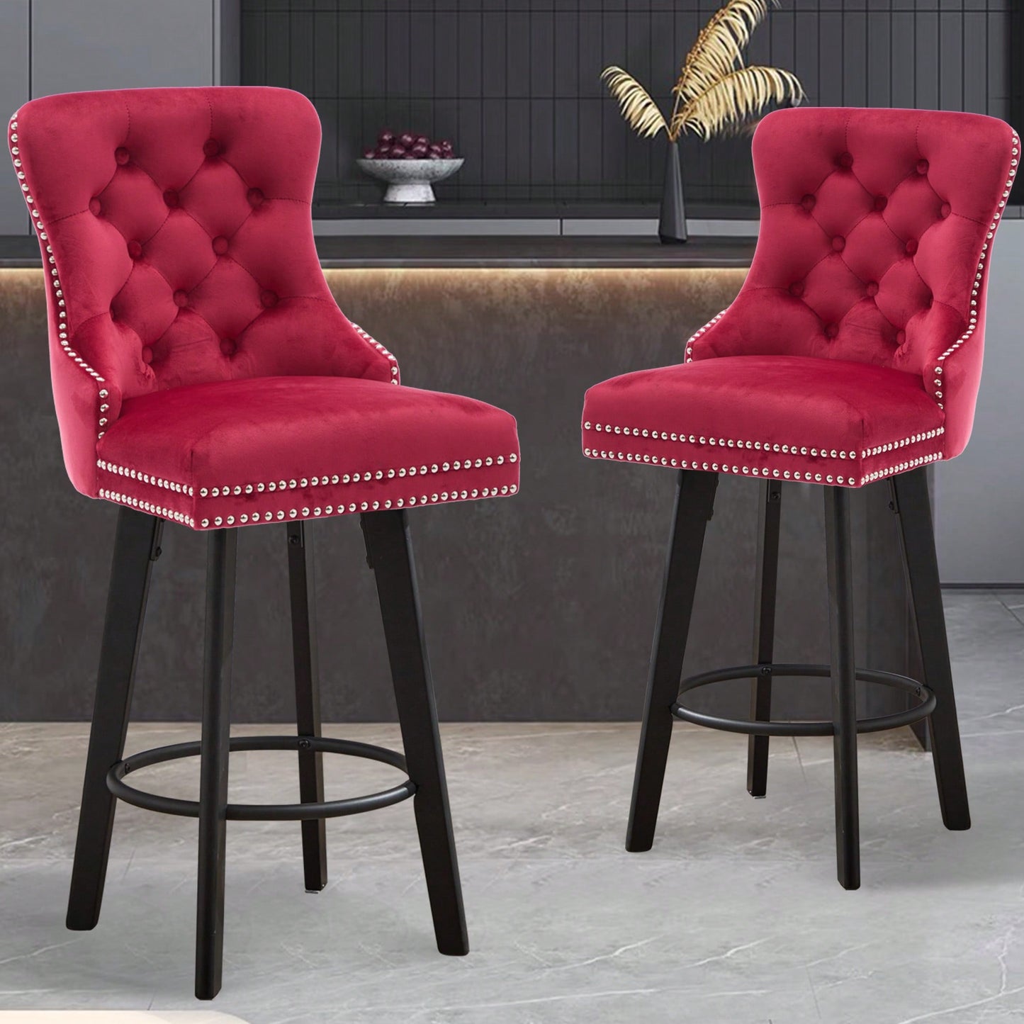 Elegant Velvet Swivel Bar Stools with Button Tufting Rivet Trim for Kitchen Island Home Bar Metal Pull Ring Sturdy Footrest