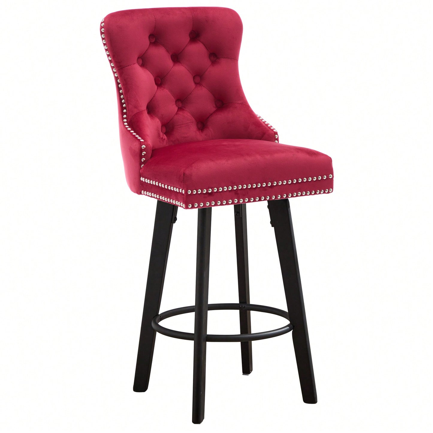 Elegant Velvet Swivel Bar Stools with Button Tufting Rivet Trim for Kitchen Island Home Bar Metal Pull Ring Sturdy Footrest