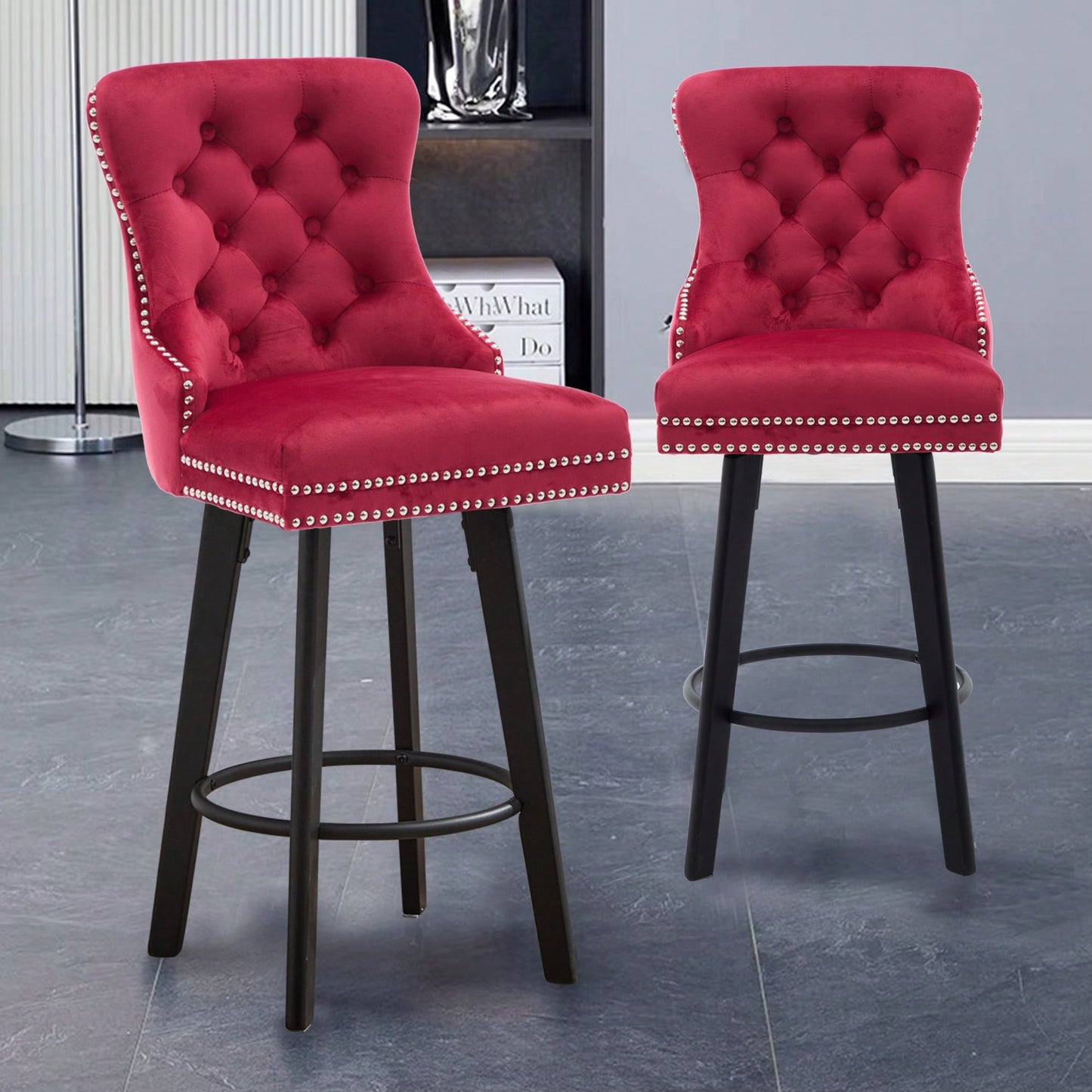 Elegant Velvet Swivel Bar Stools with Button Tufting Rivet Trim for Kitchen Island Home Bar Metal Pull Ring Sturdy Footrest