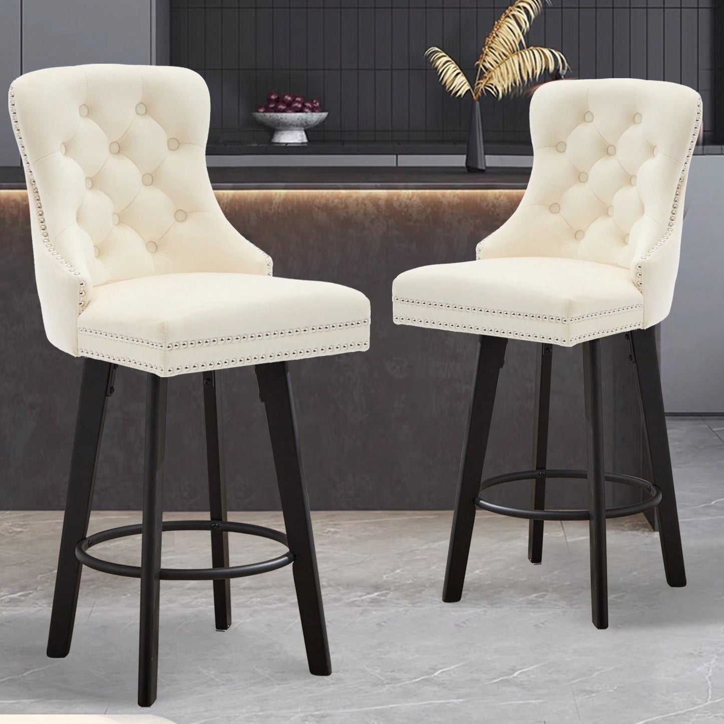 Elegant Velvet Swivel Bar Stools with Button Tufting Rivet Trim for Kitchen Island Home Bar Metal Pull Ring Sturdy Footrest