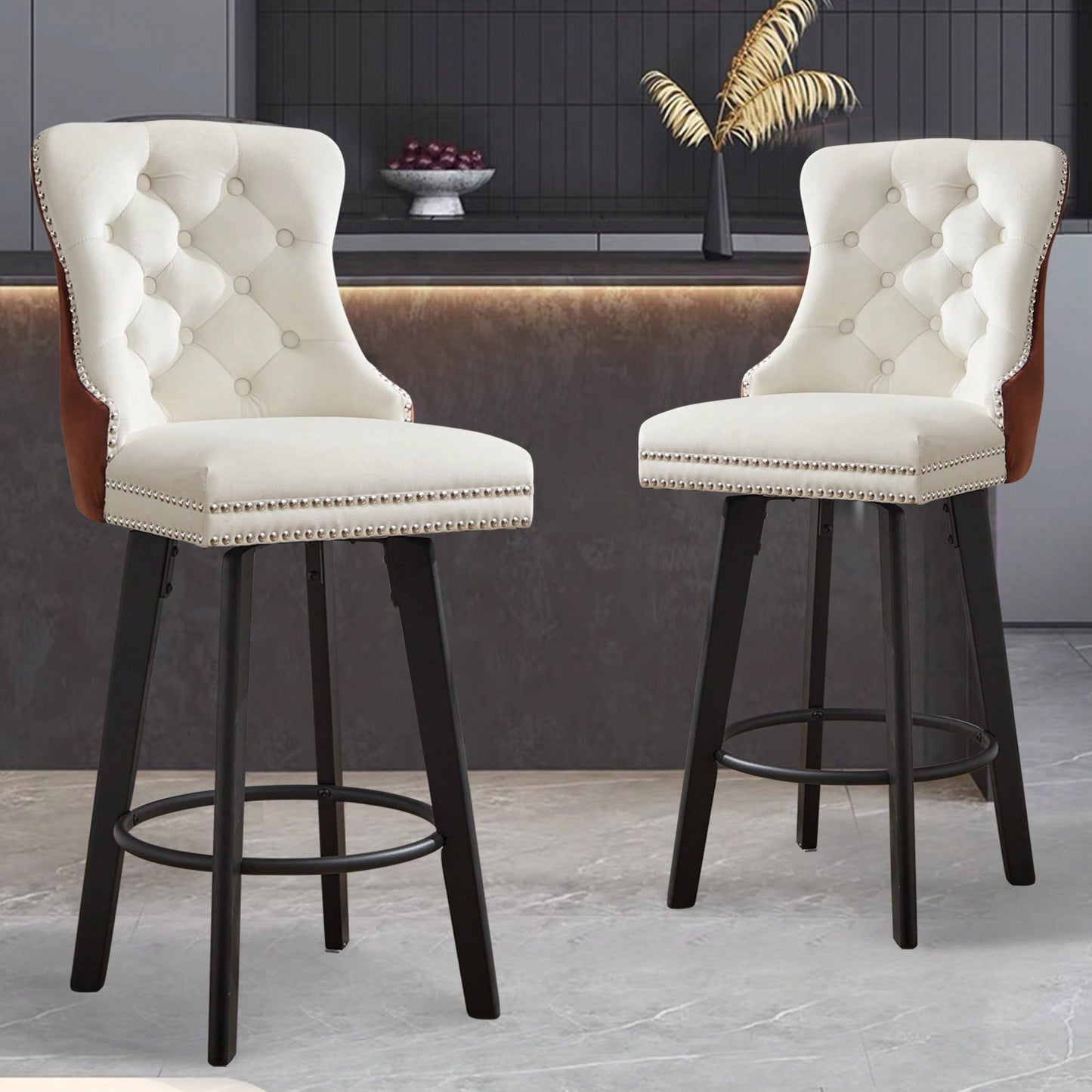Elegant Velvet Swivel Bar Stools with Button Tufting Rivet Trim for Kitchen Island Home Bar Metal Pull Ring Sturdy Footrest