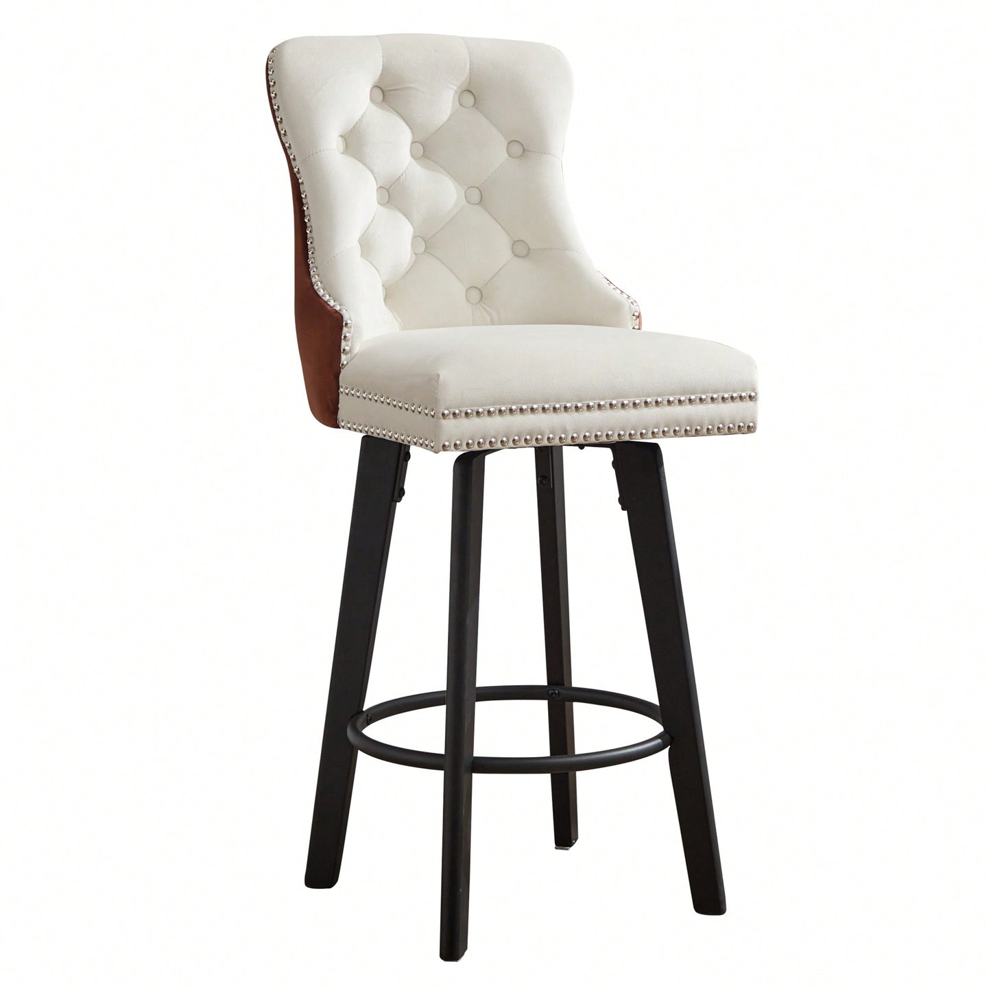 Elegant Velvet Swivel Bar Stools with Button Tufting Rivet Trim for Kitchen Island Home Bar Metal Pull Ring Sturdy Footrest