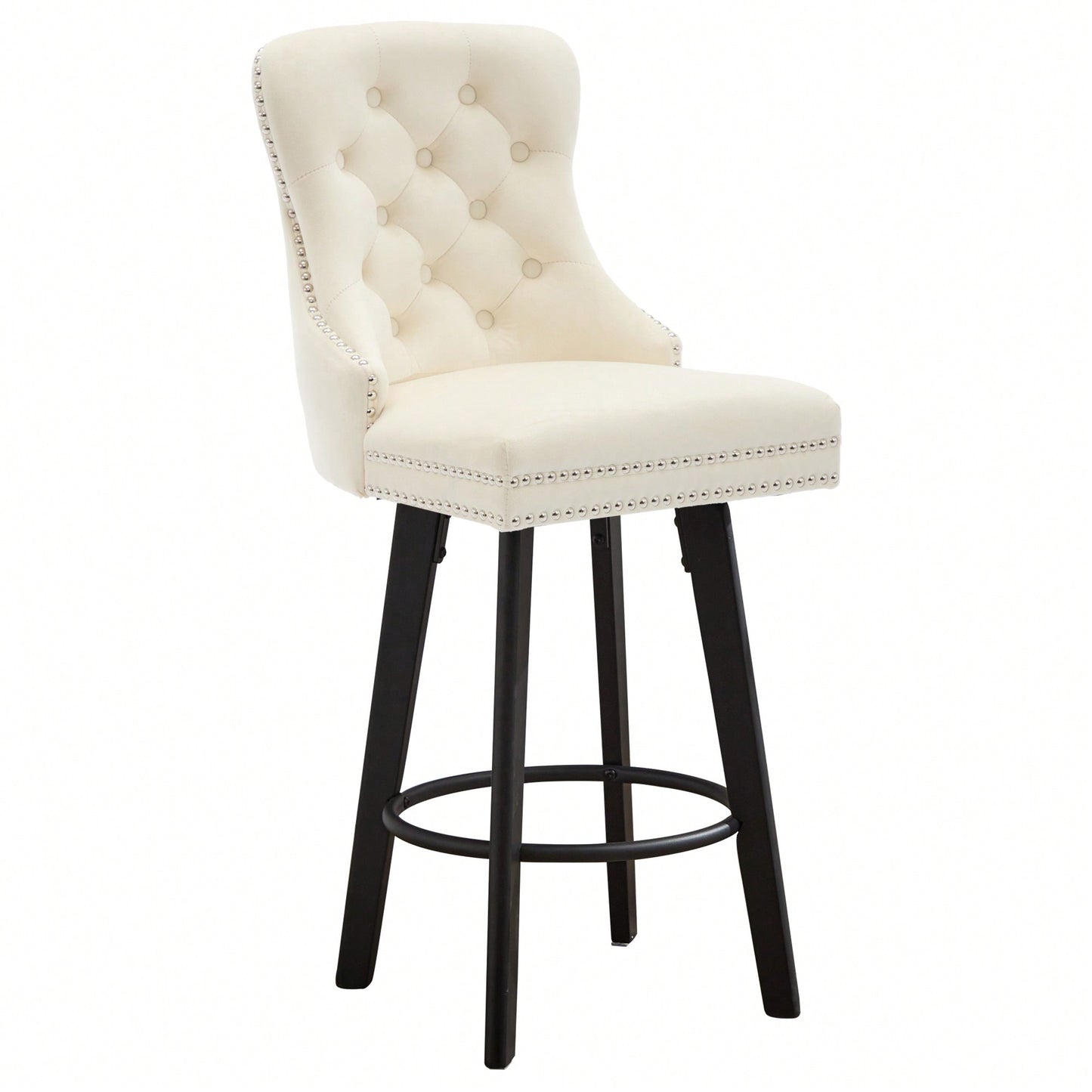 Elegant Velvet Swivel Bar Stools with Button Tufting Rivet Trim for Kitchen Island Home Bar Metal Pull Ring Sturdy Footrest