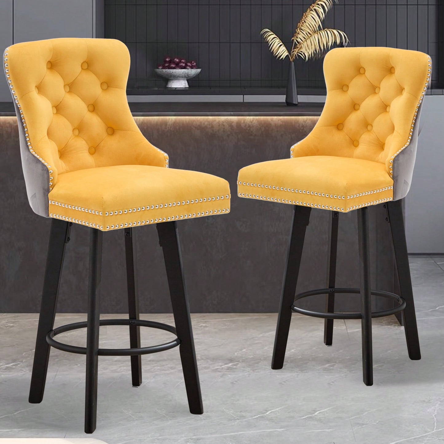 Elegant Velvet Swivel Bar Stools with Button Tufting Rivet Trim for Kitchen Island Home Bar Metal Pull Ring Sturdy Footrest