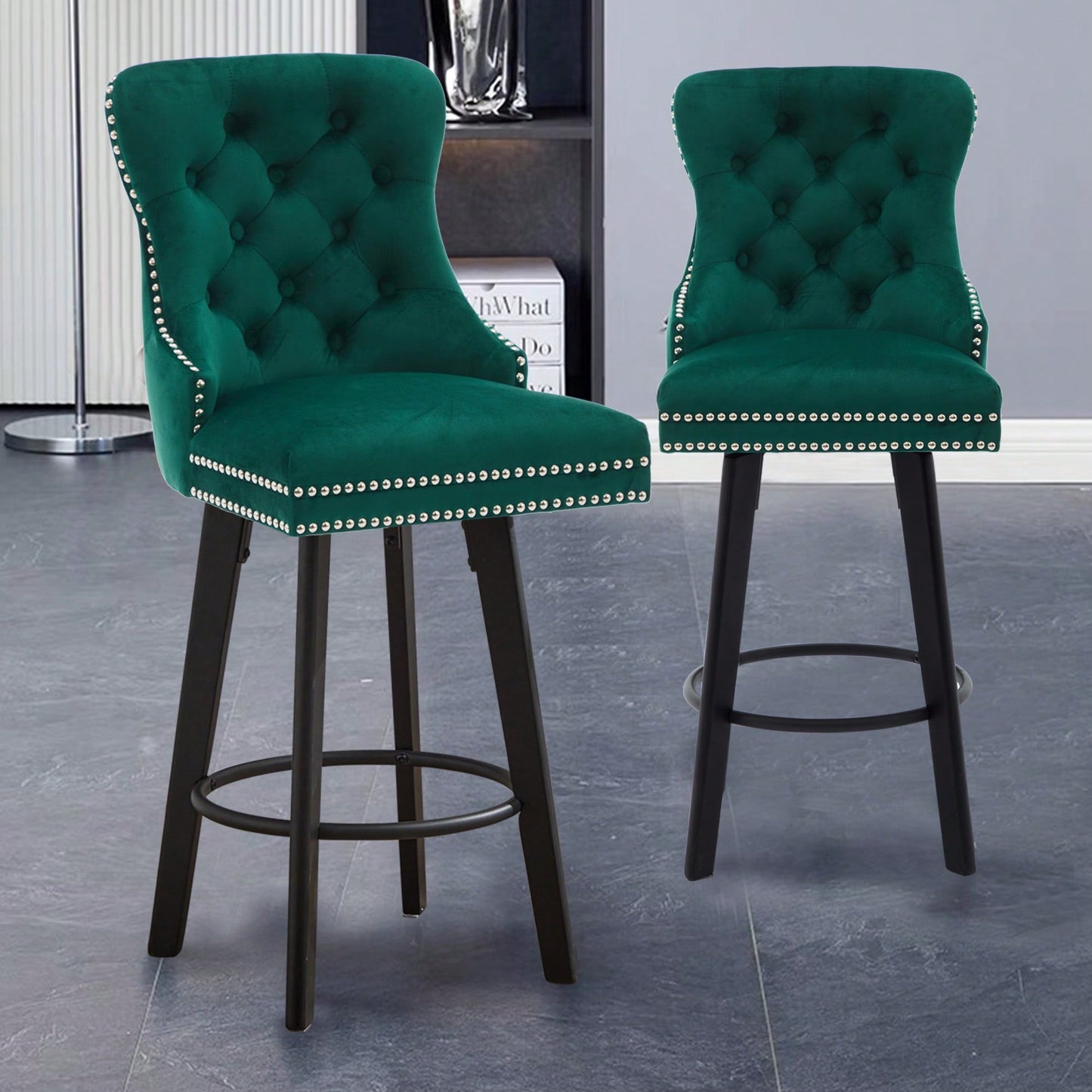 Elegant Velvet Swivel Bar Stools with Button Tufting Rivet Trim for Kitchen Island Home Bar Metal Pull Ring Sturdy Footrest