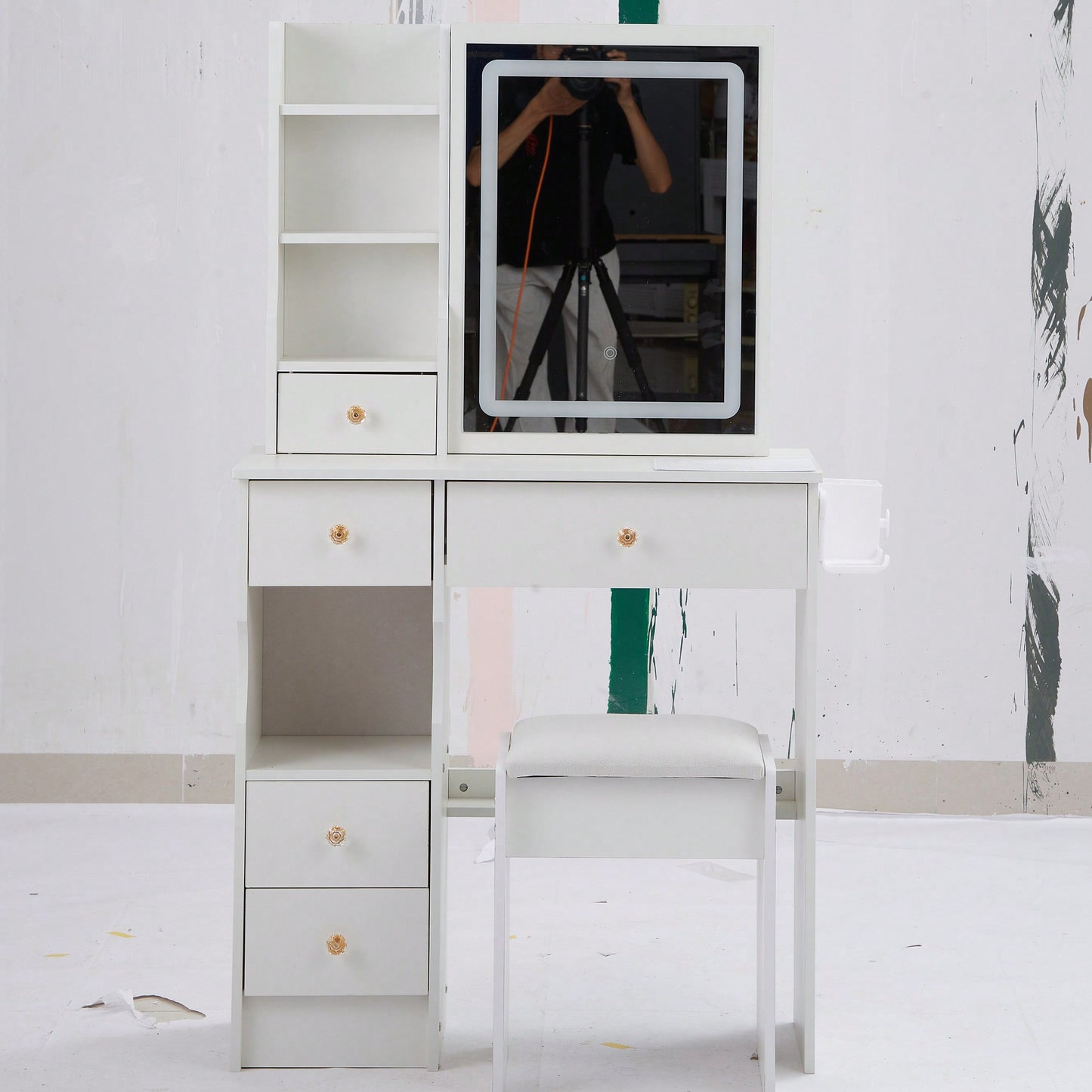 Compact Vanity Table with Cushioned Stool Dual AC USB Ports Hair Dryer Holder Extra Large Touch Control LED Mirror Tri-Color Lighting