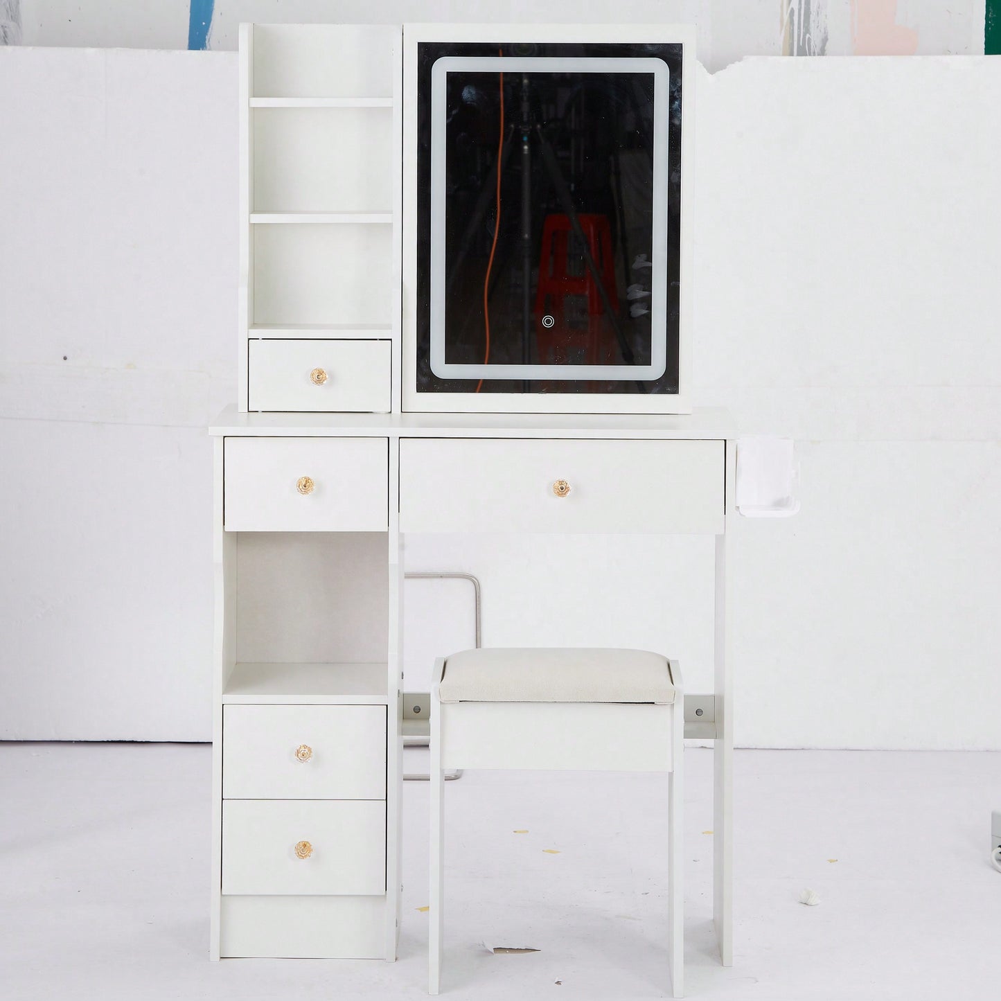 Compact Vanity Table with Cushioned Stool Dual AC USB Ports Hair Dryer Holder Extra Large Touch Control LED Mirror Tri-Color Lighting
