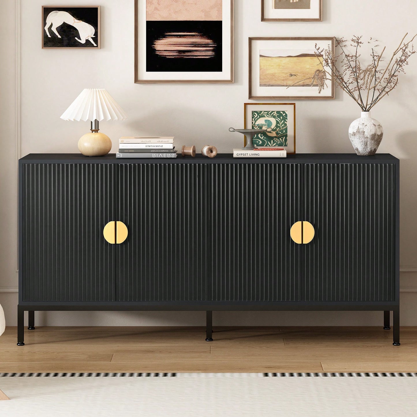 Elegant Vertical-Striped Four-Door Sideboard With Durable Metal Legs And Semi-Circular Handles For Study Entryway And Living Room