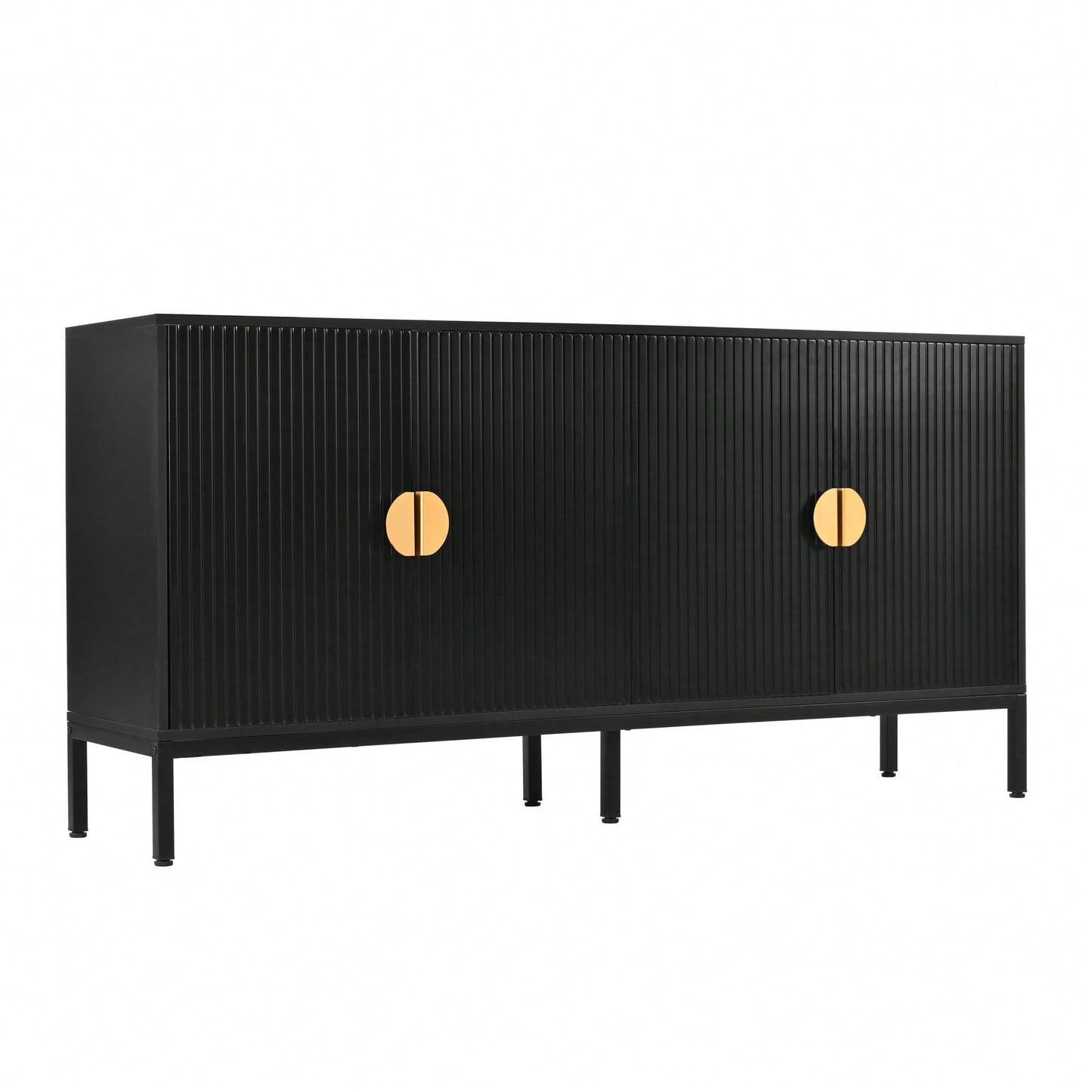 Elegant Vertical-Striped Four-Door Sideboard With Durable Metal Legs And Semi-Circular Handles For Study Entryway And Living Room
