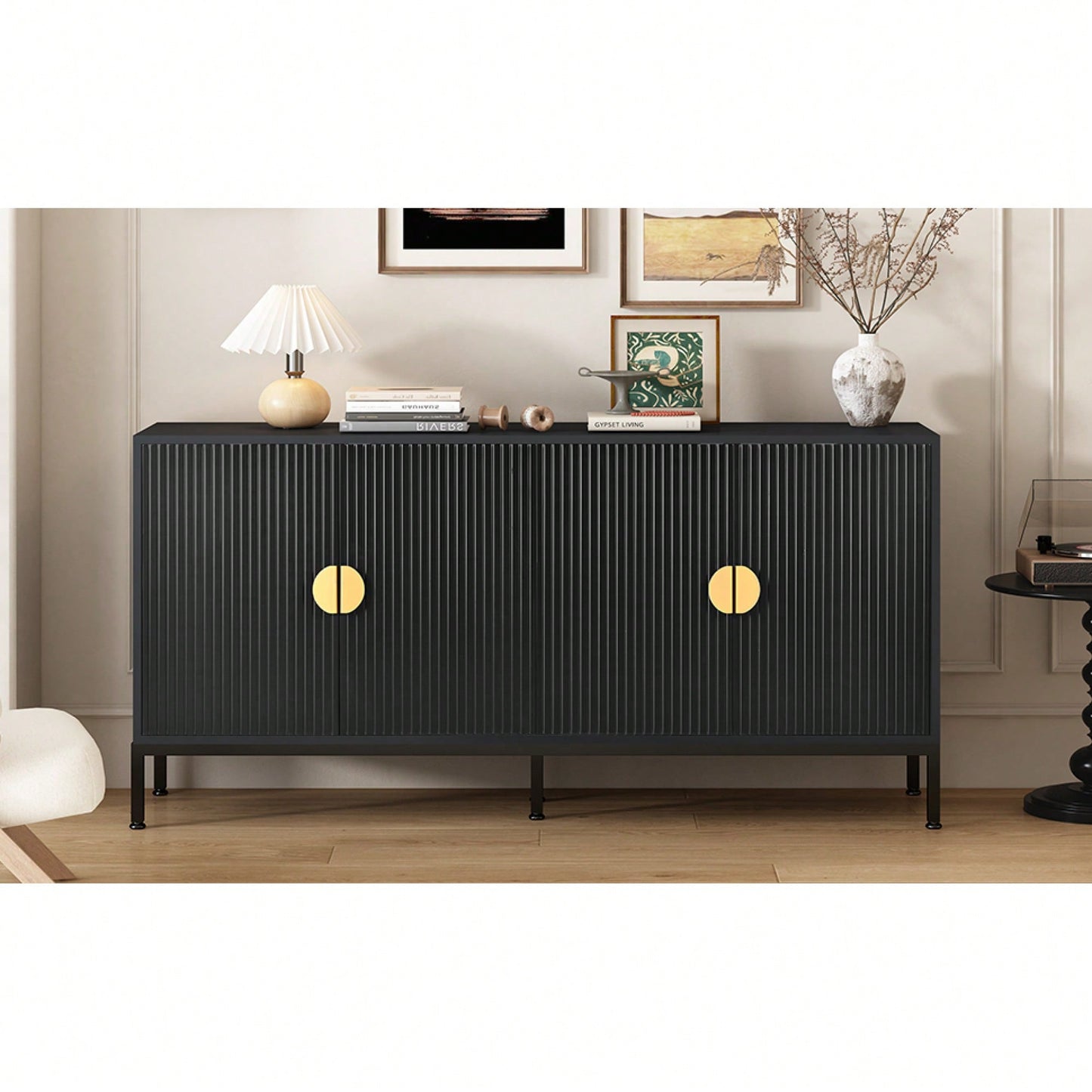 Elegant Vertical-Striped Four-Door Sideboard With Durable Metal Legs And Semi-Circular Handles For Study Entryway And Living Room
