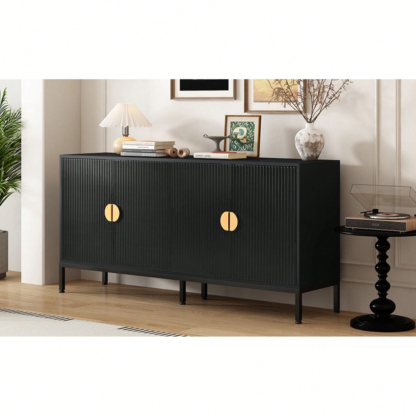 Elegant Vertical-Striped Four-Door Sideboard With Durable Metal Legs And Semi-Circular Handles For Study Entryway And Living Room