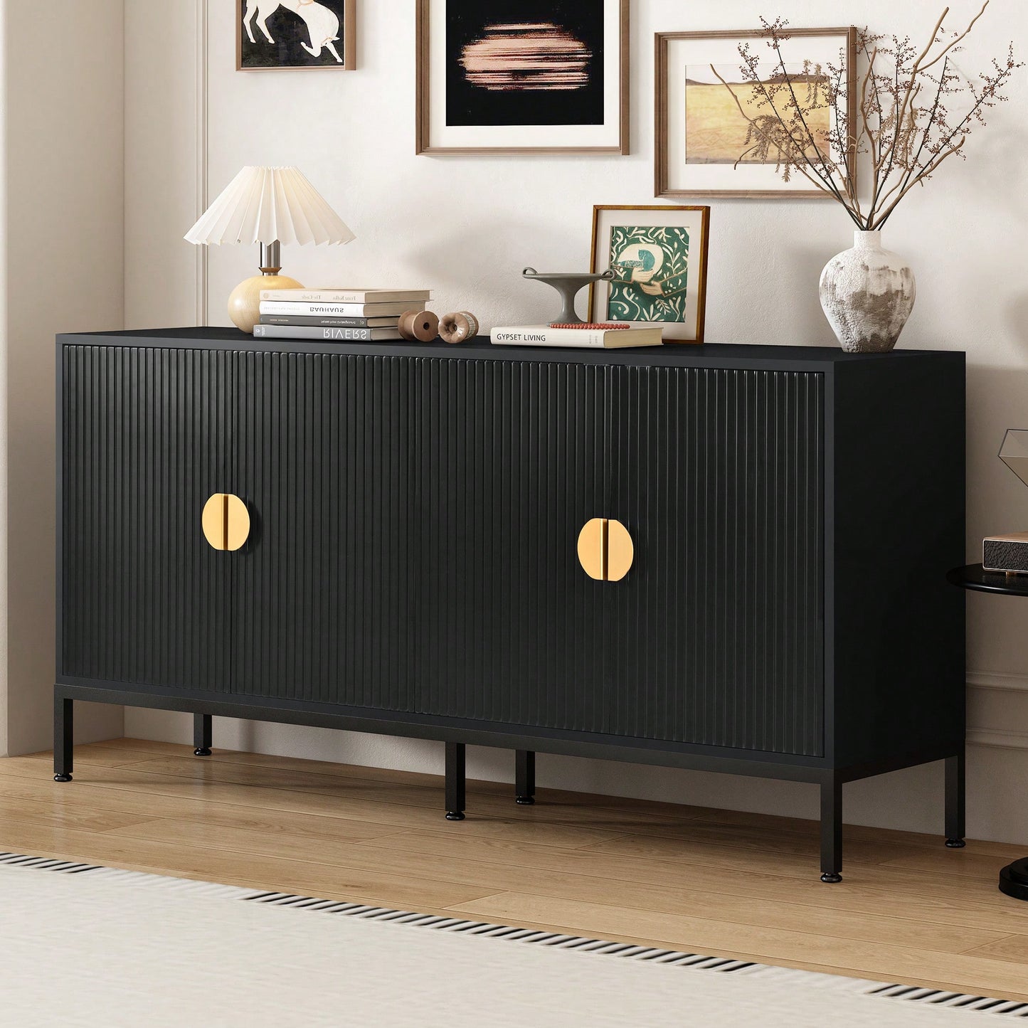 Elegant Vertical-Striped Four-Door Sideboard With Durable Metal Legs And Semi-Circular Handles For Study Entryway And Living Room
