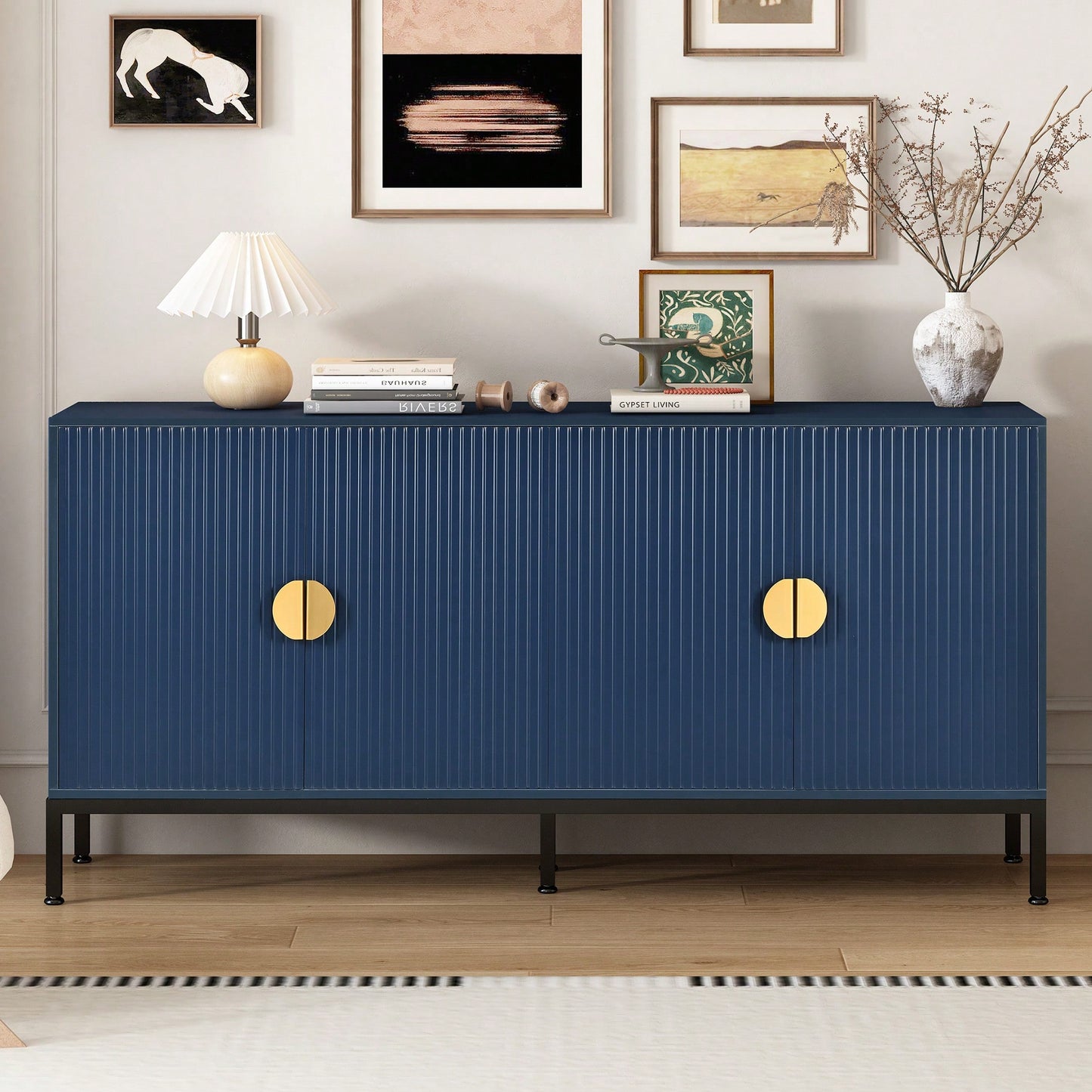 Elegant Vertical-Striped Four-Door Sideboard With Durable Metal Legs And Semi-Circular Handles For Study Entryway And Living Room