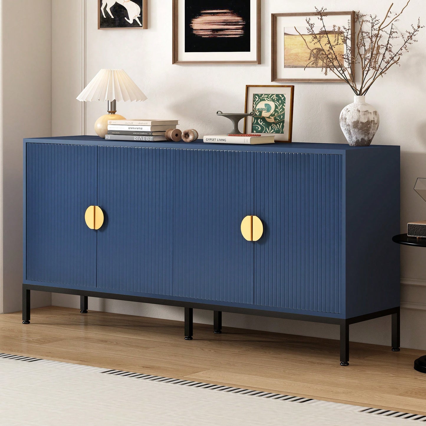 Elegant Vertical-Striped Four-Door Sideboard With Durable Metal Legs And Semi-Circular Handles For Study Entryway And Living Room