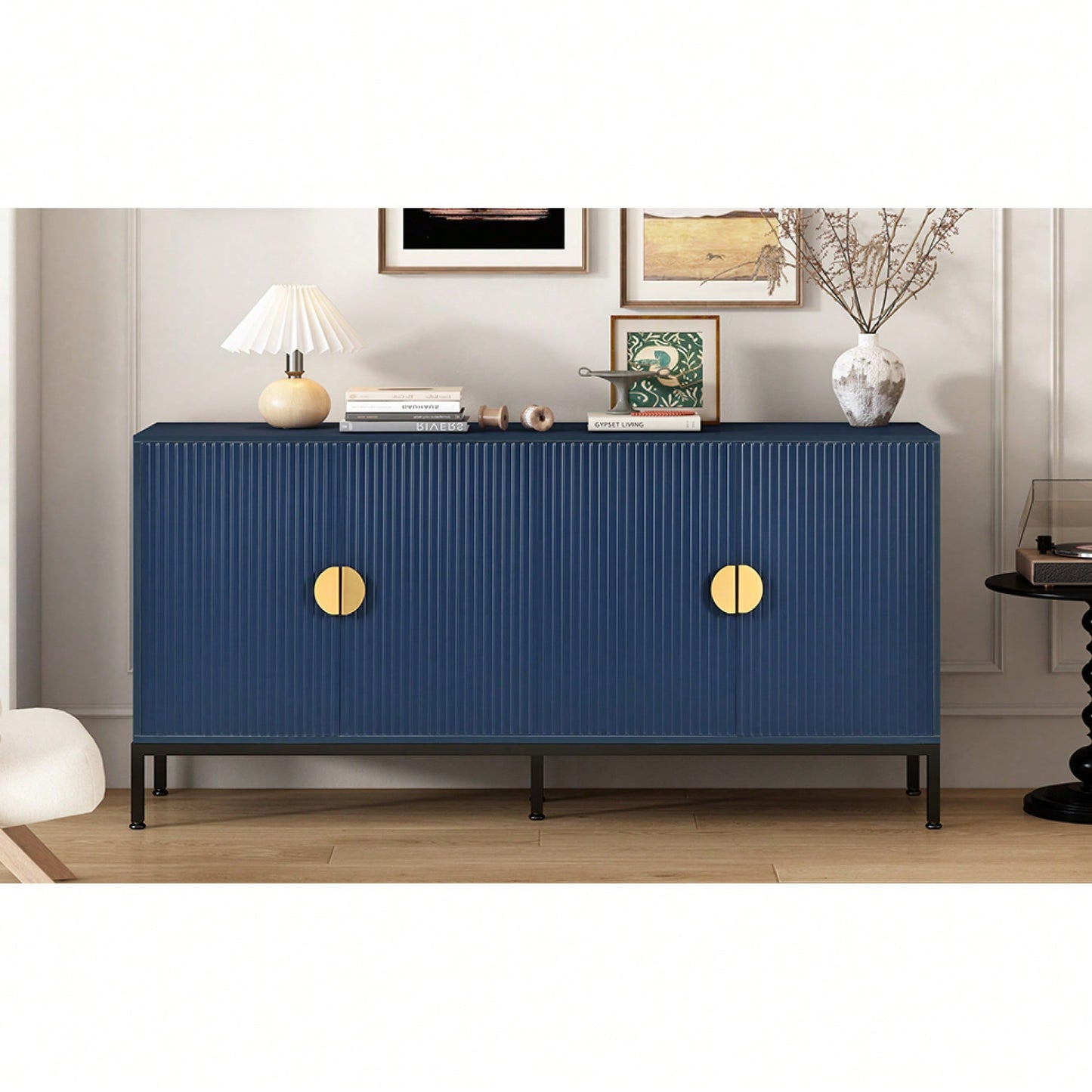Elegant Vertical-Striped Four-Door Sideboard With Durable Metal Legs And Semi-Circular Handles For Study Entryway And Living Room
